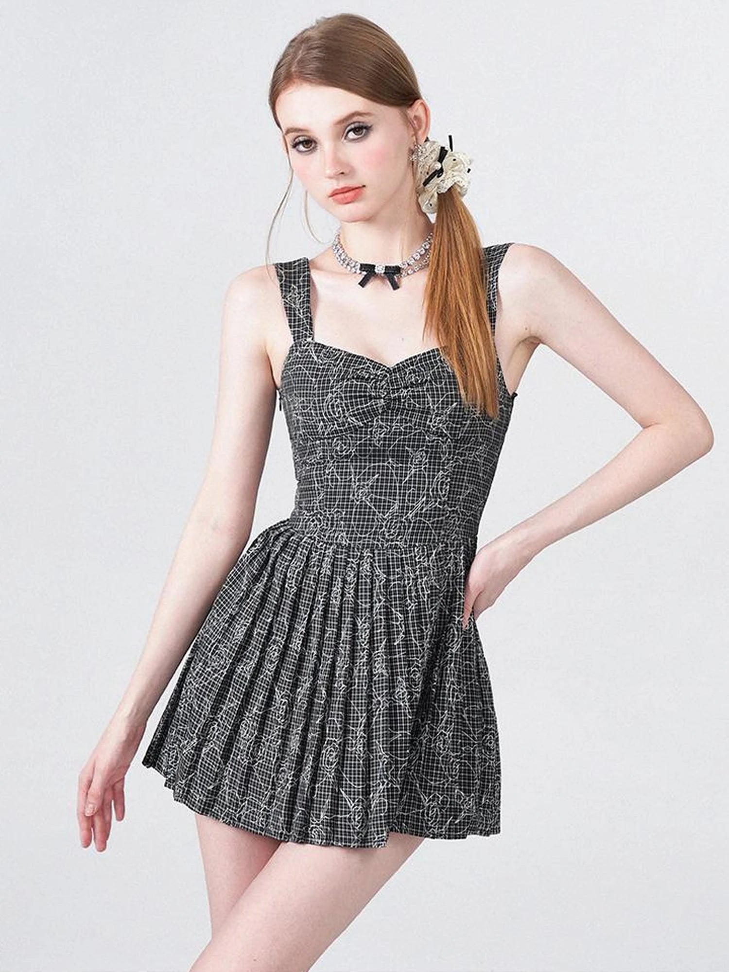 Embroidered Rose Line Black White Plaid Pleated Slip Dress
