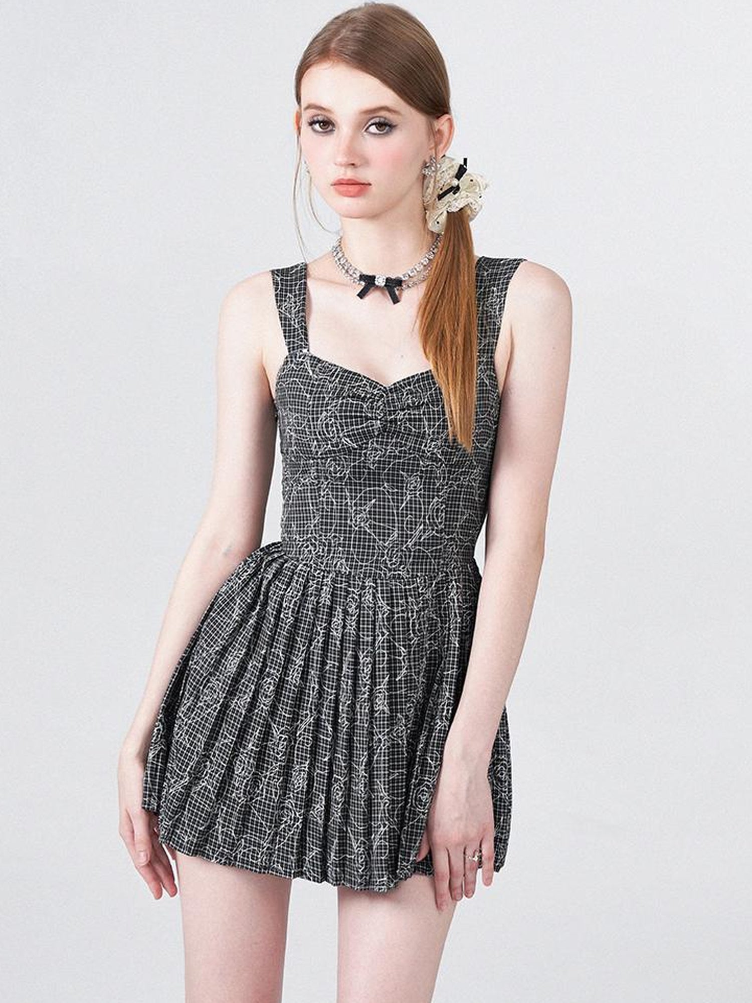 AFTADAWN Embroidered Rose Line Black White Plaid Pleated Slip Dress