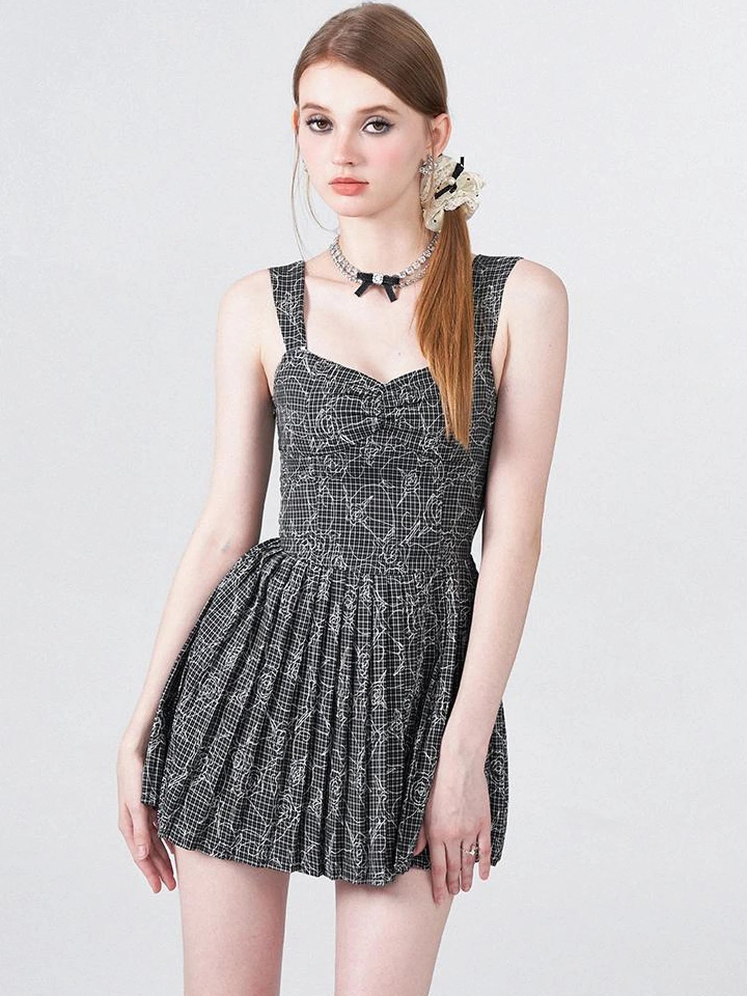 Embroidered Rose Line Black White Plaid Pleated Slip Dress