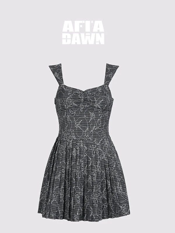 Embroidered Rose Line Black White Plaid Pleated Slip Dress