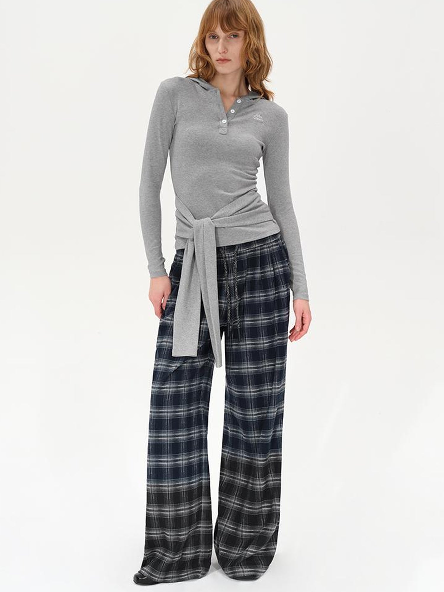 AFTADAWN Embroidered Semi Open Collar Hooded Long Sleeve Top With Side Ties