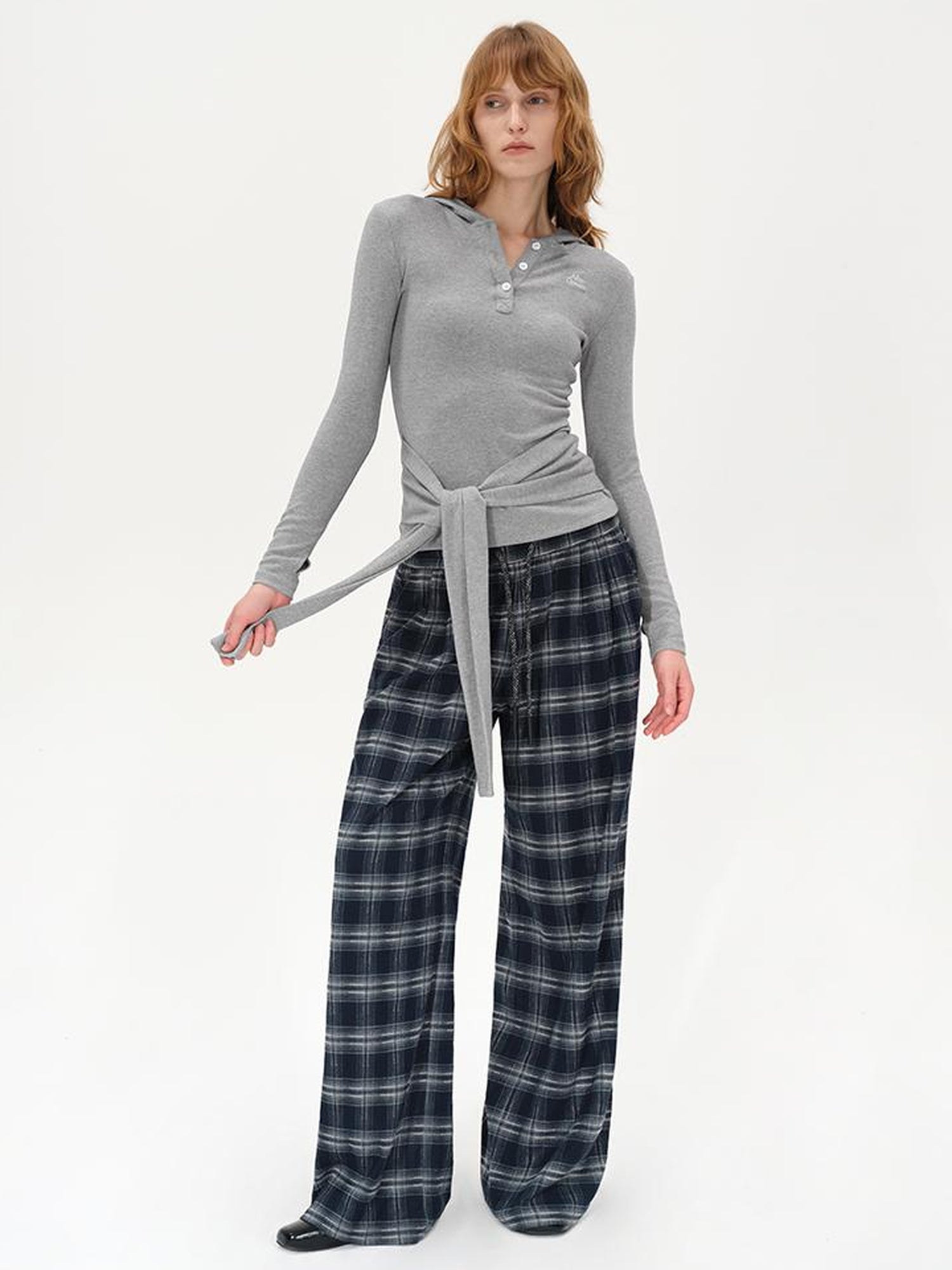 AFTADAWN Embroidered Semi Open Collar Hooded Long Sleeve Top With Side Ties