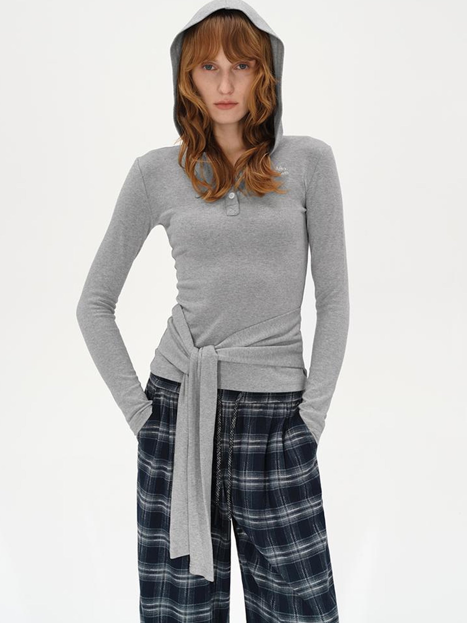 AFTADAWN Embroidered Semi Open Collar Hooded Long Sleeve Top With Side Ties