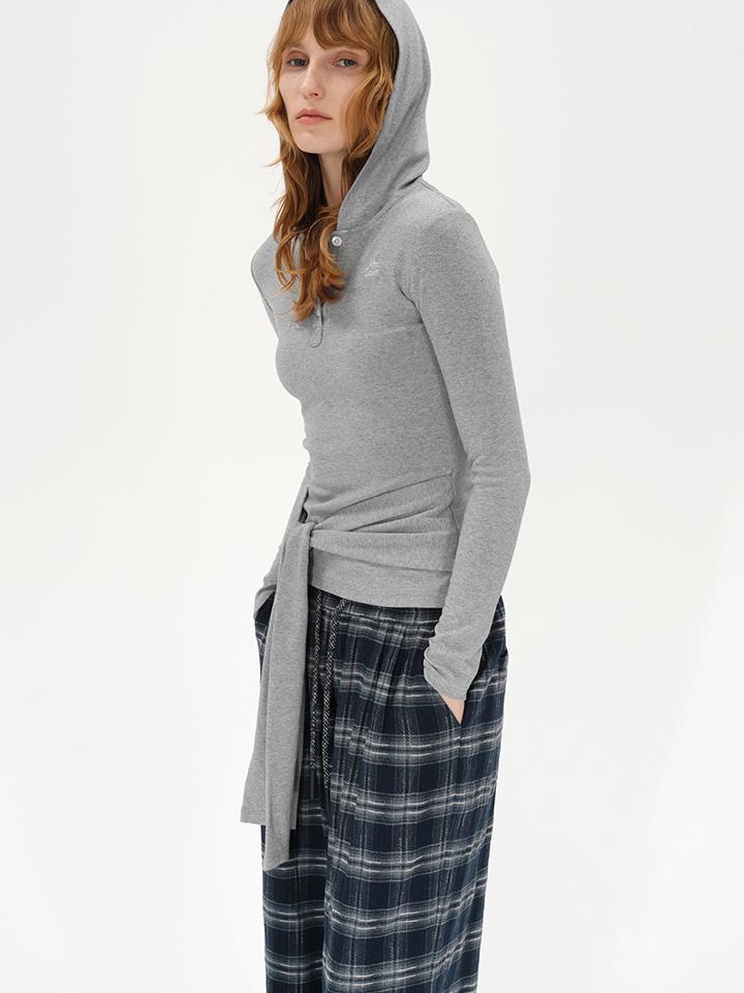 AFTADAWN Embroidered Semi Open Collar Hooded Long Sleeve Top With Side Ties