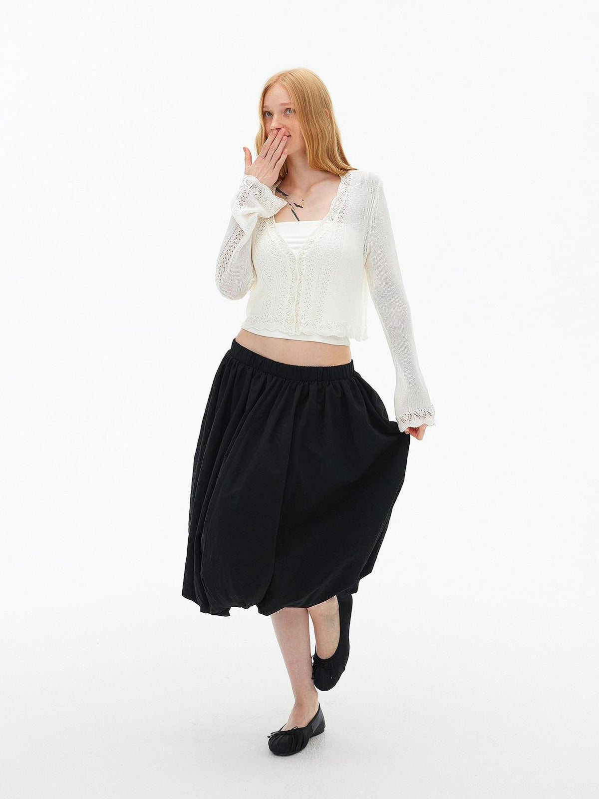 AFTADAWN Eyelet Lace Trumpet Sleeve V-neck Knit Women&