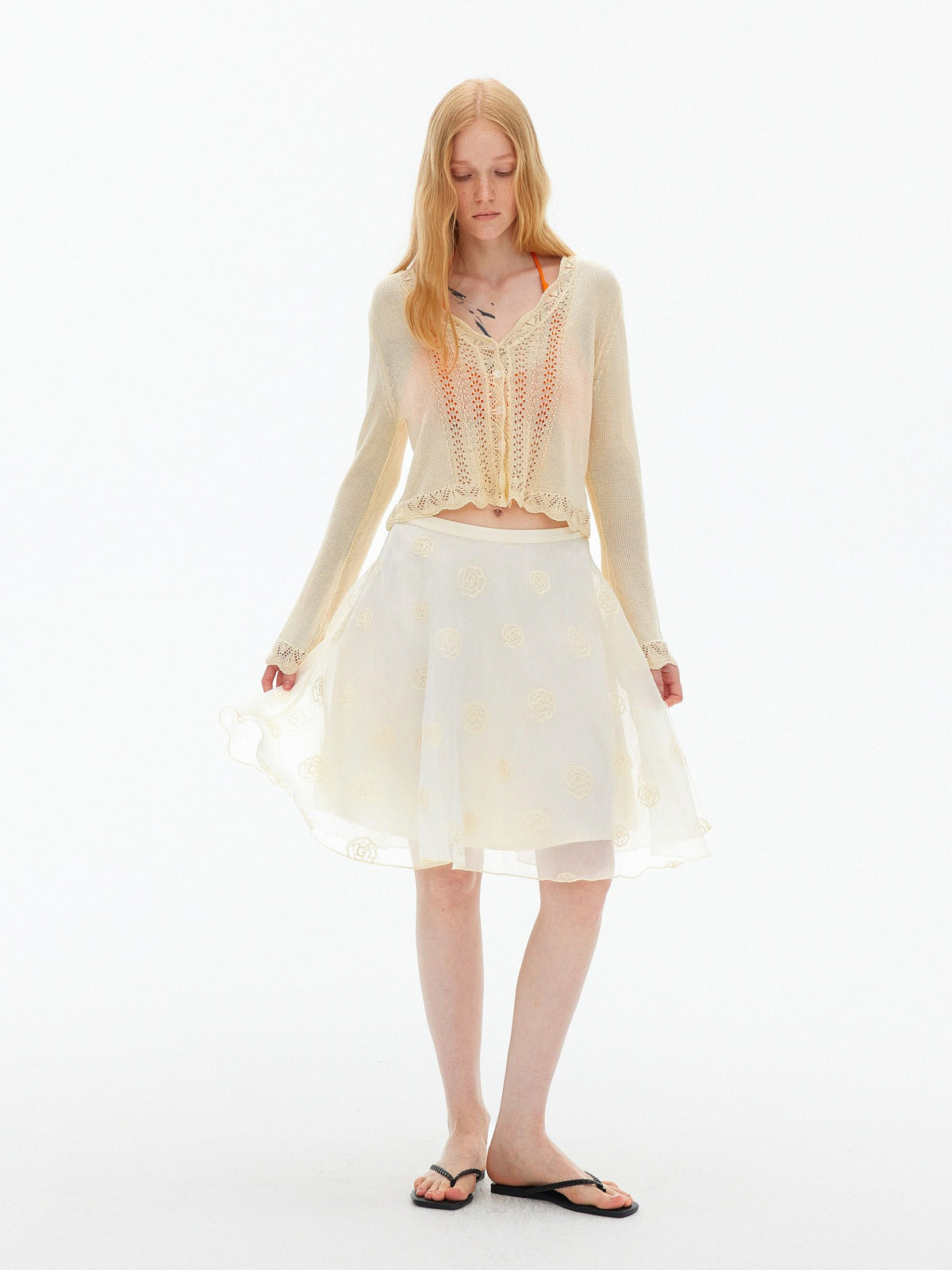AFTADAWN Eyelet Lace Trumpet Sleeve V-neck Knit Women&