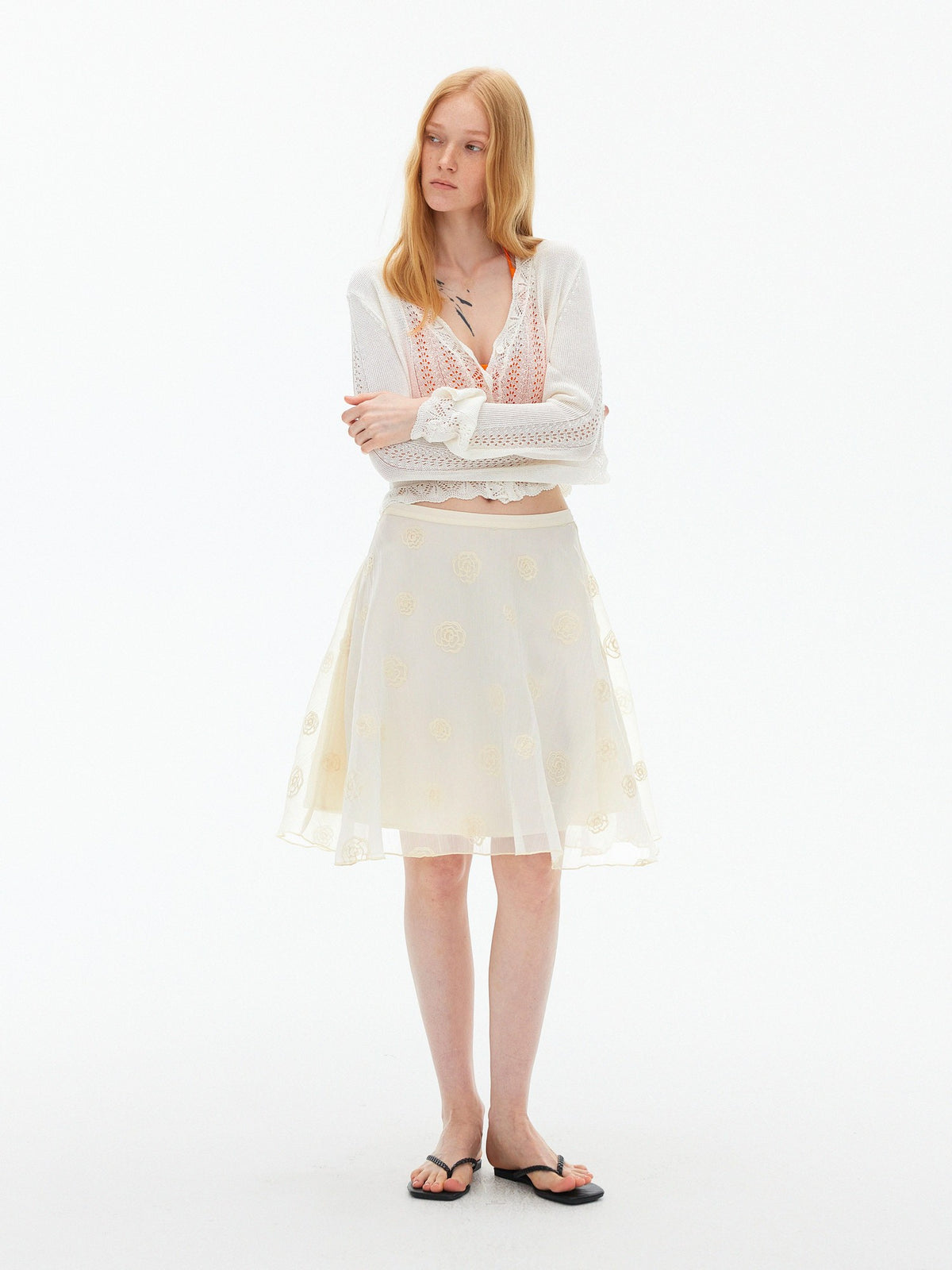 AFTADAWN Eyelet Lace Trumpet Sleeve V-neck Knit Women&