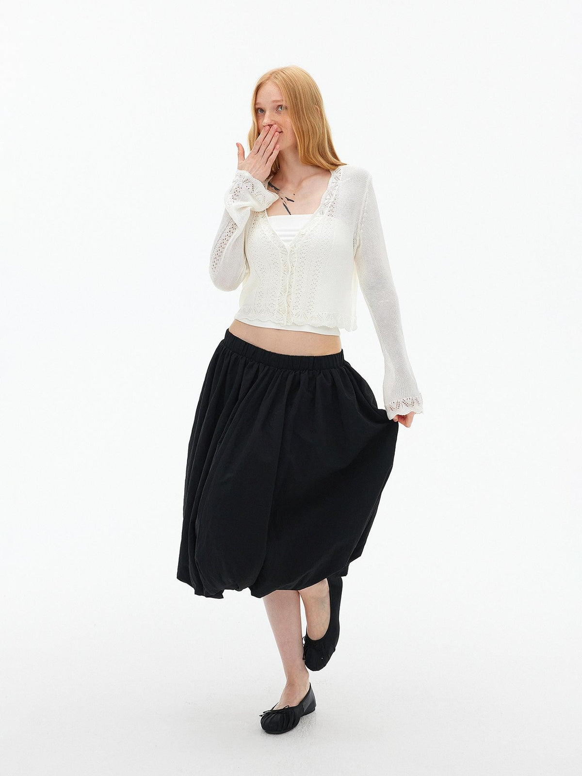 AFTADAWN Eyelet Lace Trumpet Sleeve V-neck Knit Women&