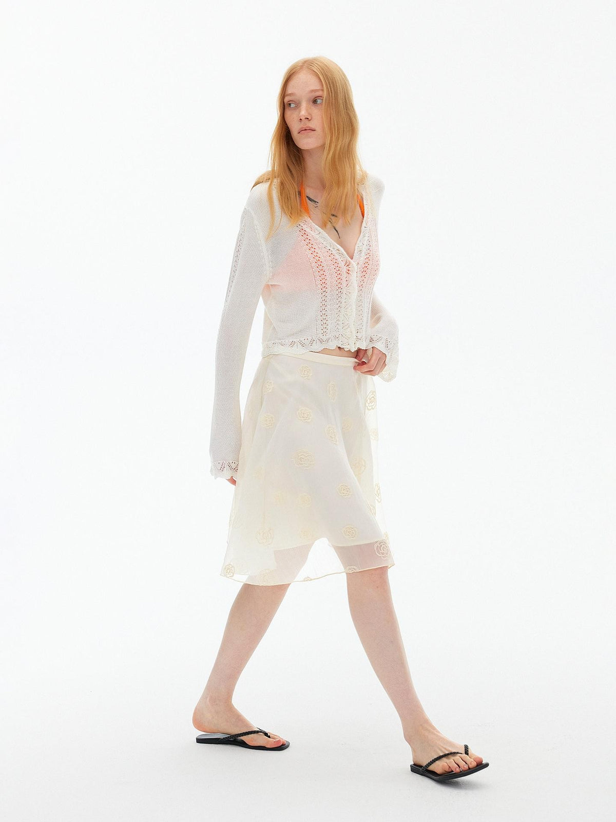 AFTADAWN Eyelet Lace Trumpet Sleeve V-neck Knit Women&