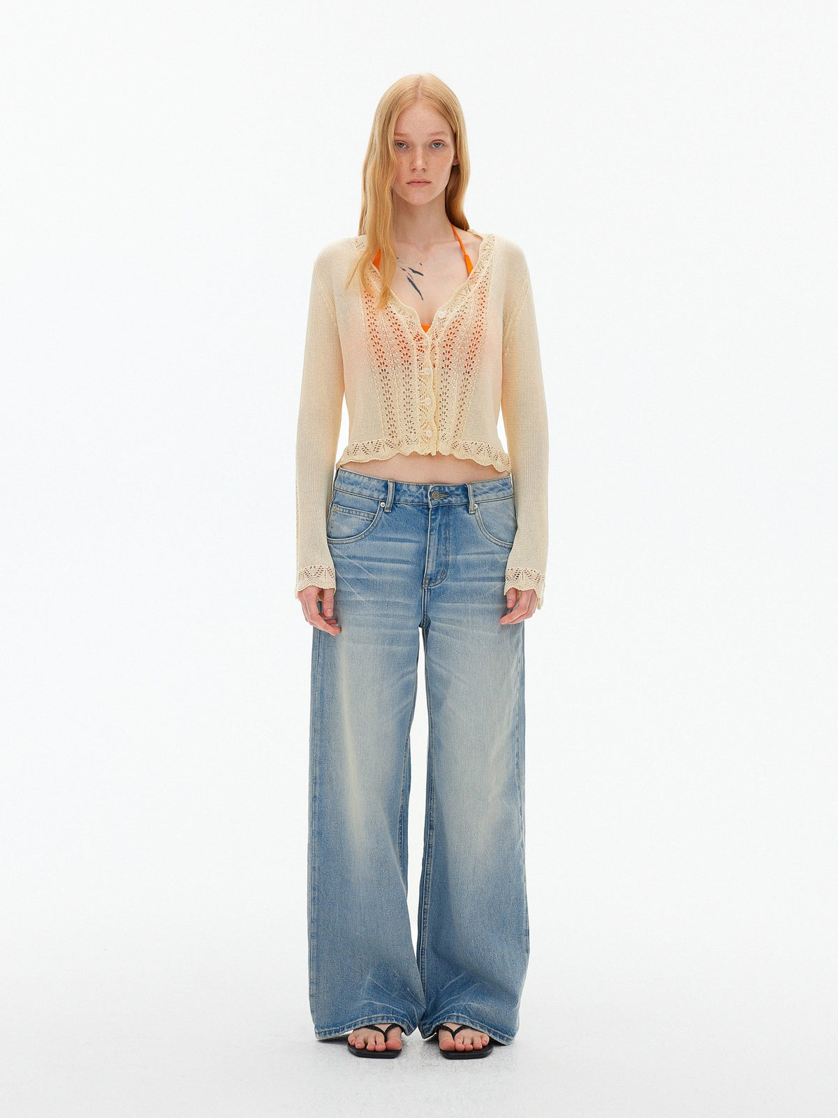 AFTADAWN Eyelet Lace Trumpet Sleeve V-neck Knit Women&