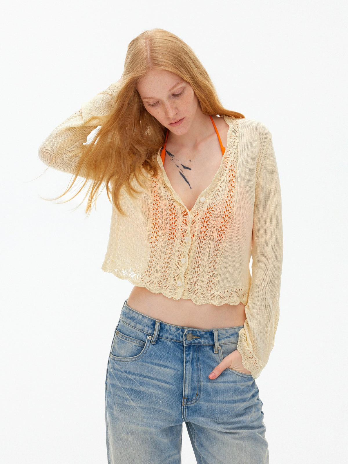 AFTADAWN Eyelet Lace Trumpet Sleeve V-neck Knit Women&