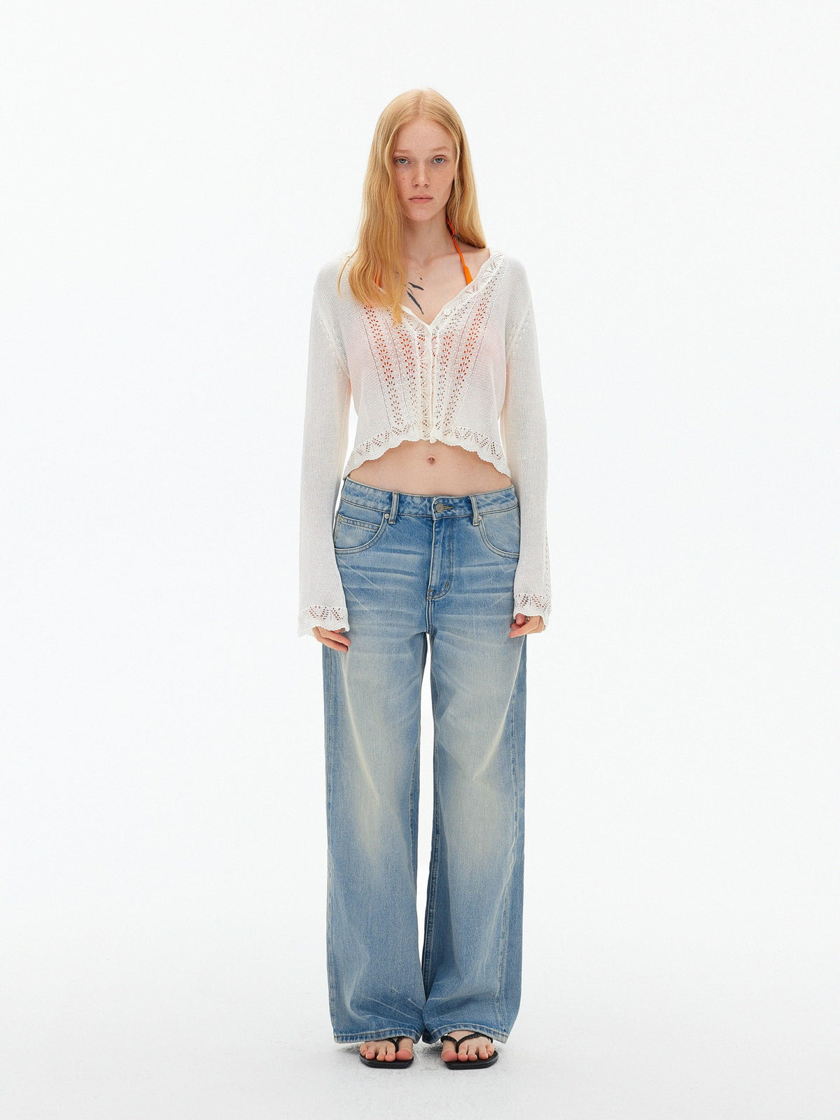 AFTADAWN Eyelet Lace Trumpet Sleeve V-neck Knit Women&