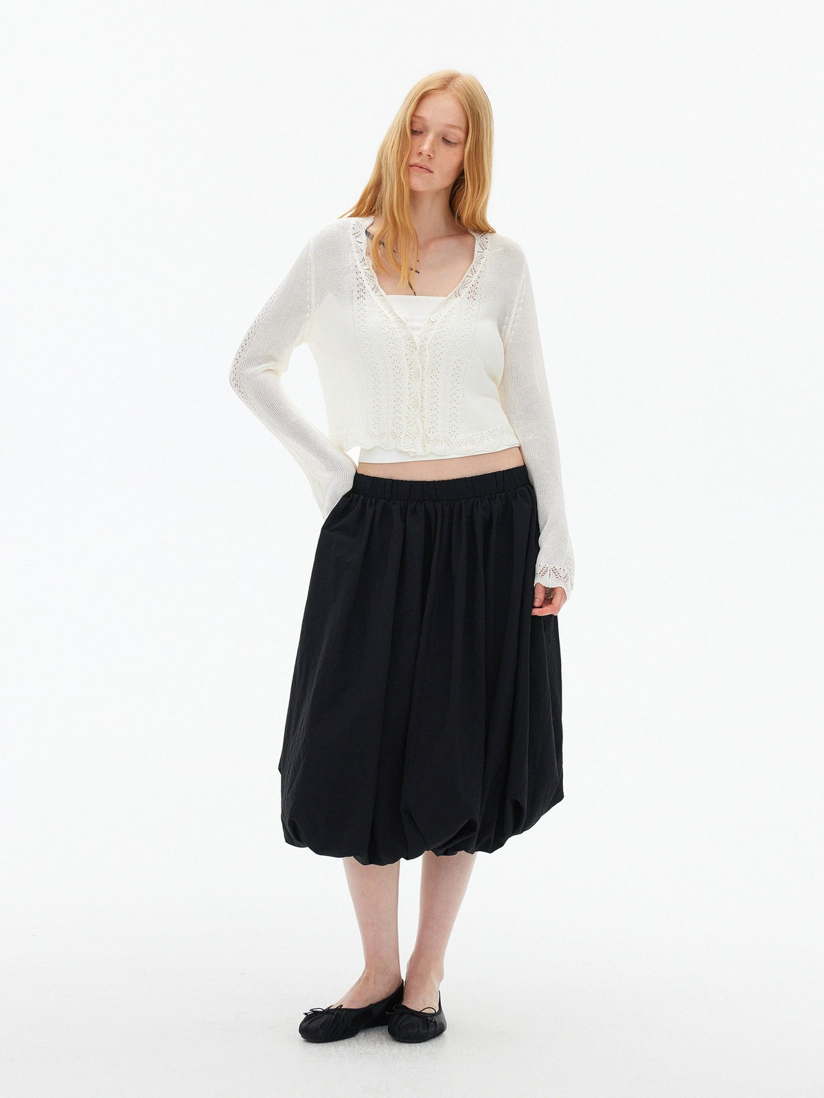 AFTADAWN Eyelet Lace Trumpet Sleeve V-neck Knit Women&