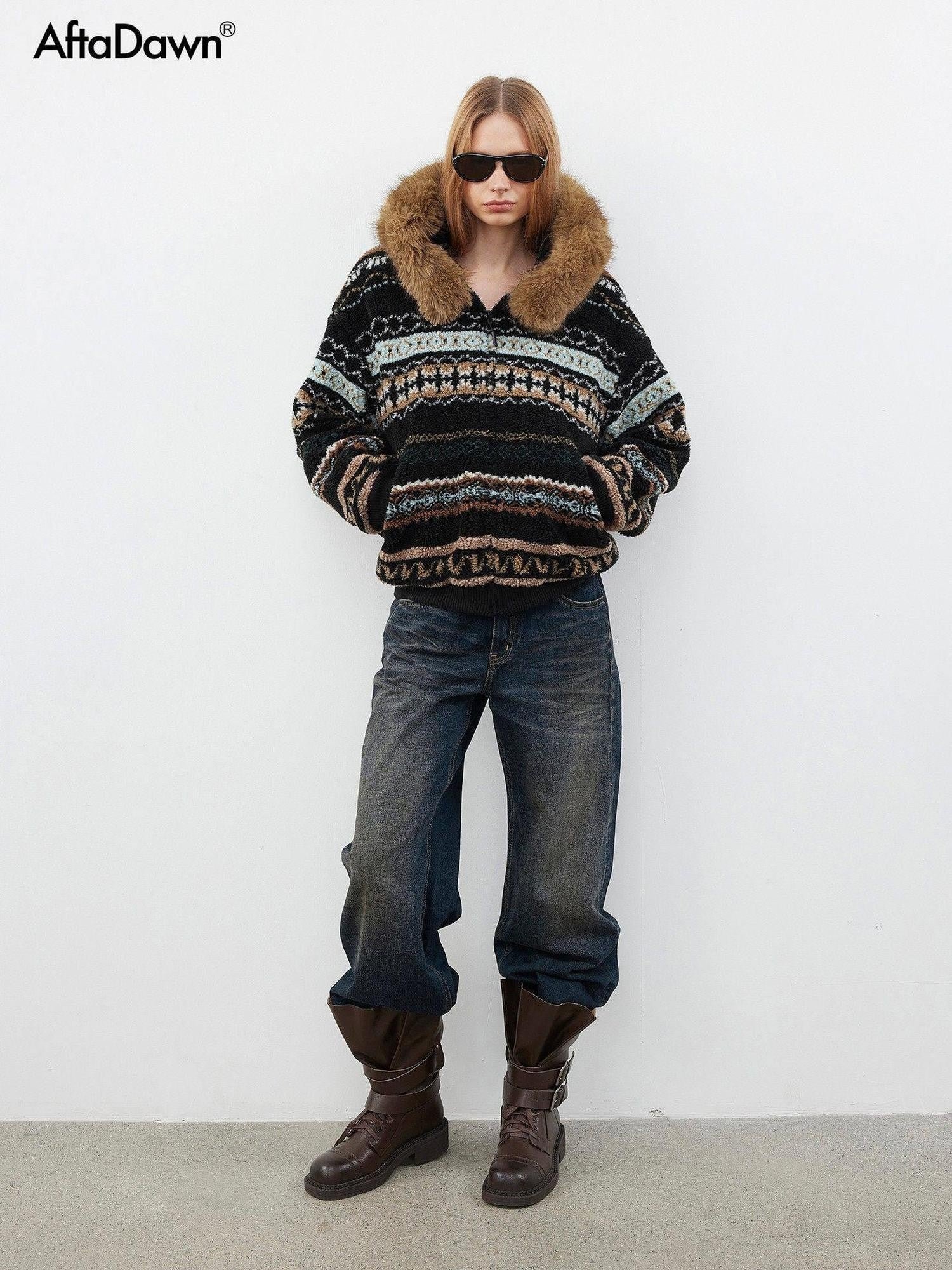 AFTADAWN Fair Isle Jacquard Detachable Collar Women&