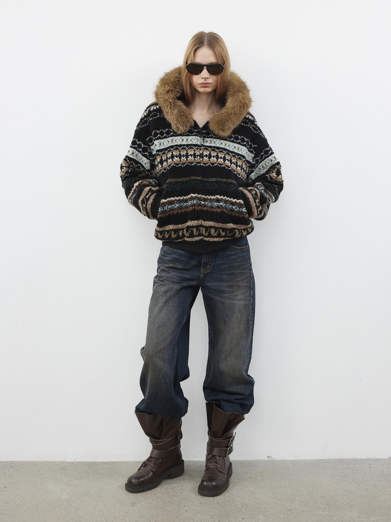 AFTADAWN Fair Isle Jacquard Detachable Collar Women&