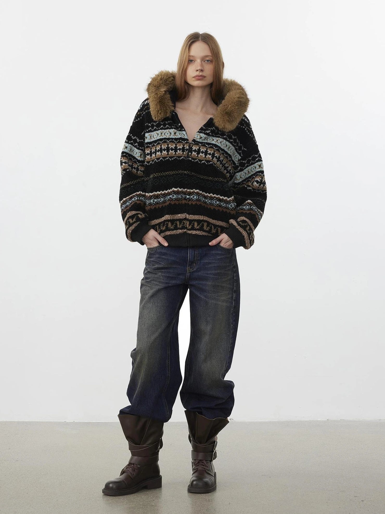 AFTADAWN Fair Isle Lamb Fleece Detachable Hood Coat V-neck T-shirt Long Sleeve Jacket