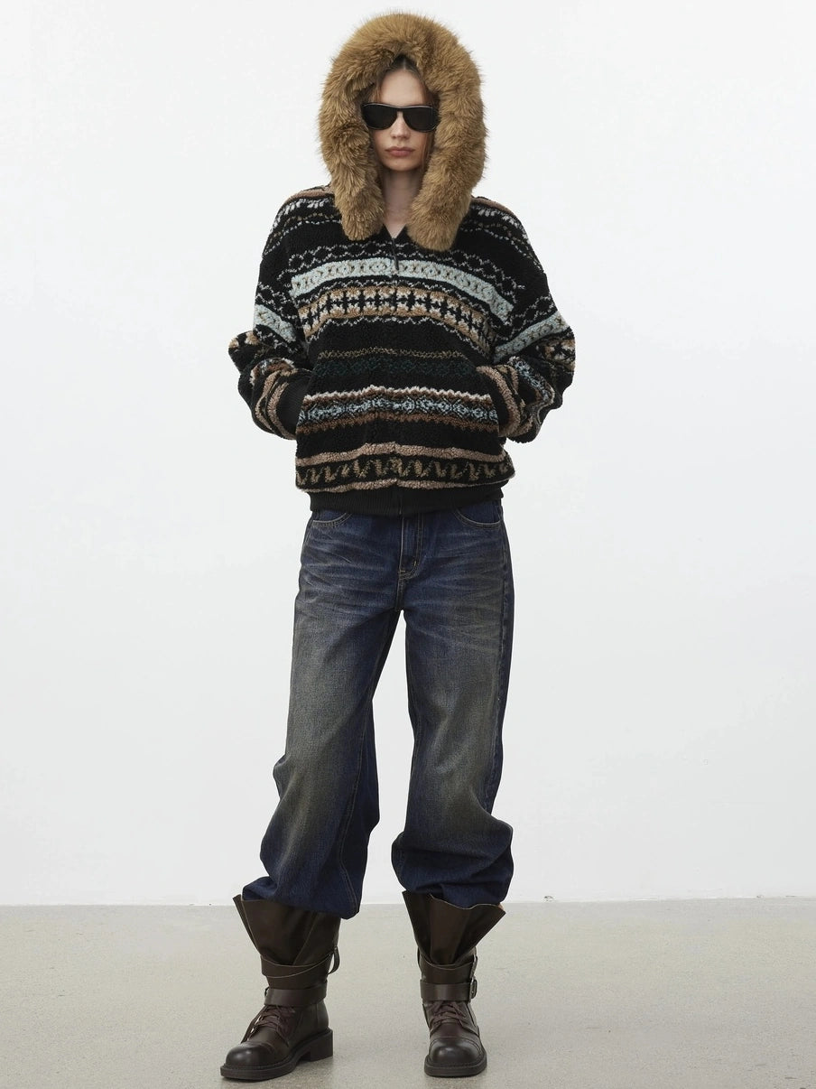 AFTADAWN Fair Isle Lamb Fleece Detachable Hood Coat V-neck T-shirt Long Sleeve Jacket