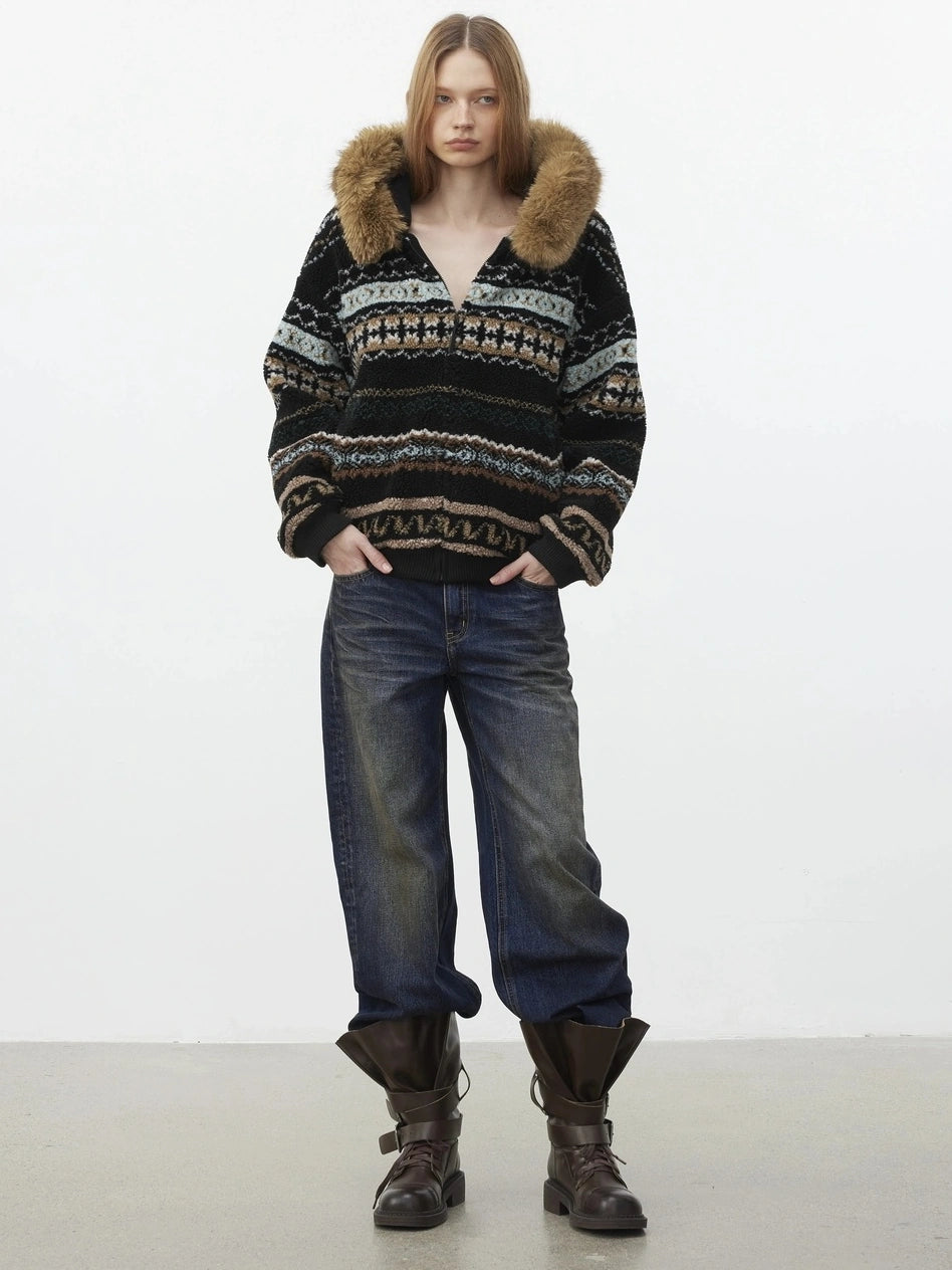 AFTADAWN Fair Isle Lamb Fleece Detachable Hood Coat V-neck T-shirt Long Sleeve Jacket