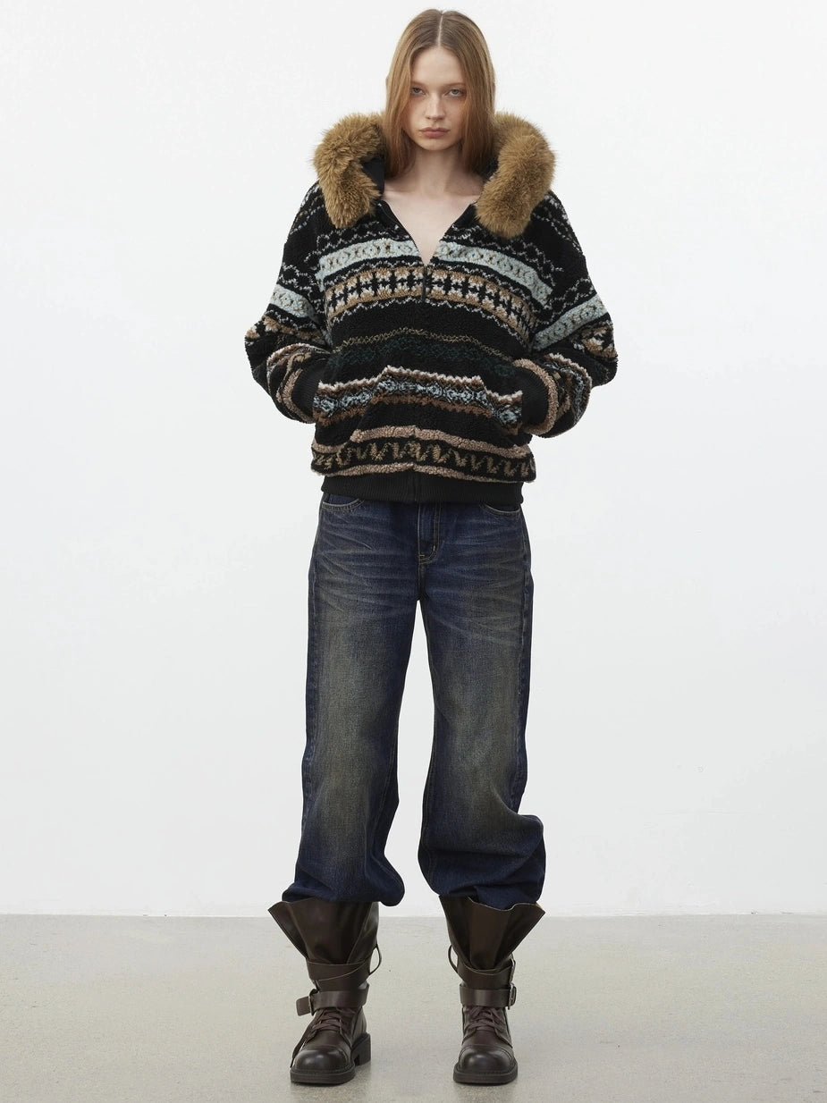 AFTADAWN Fair Isle Lamb Fleece Detachable Hood Coat V-neck T-shirt Long Sleeve Jacket