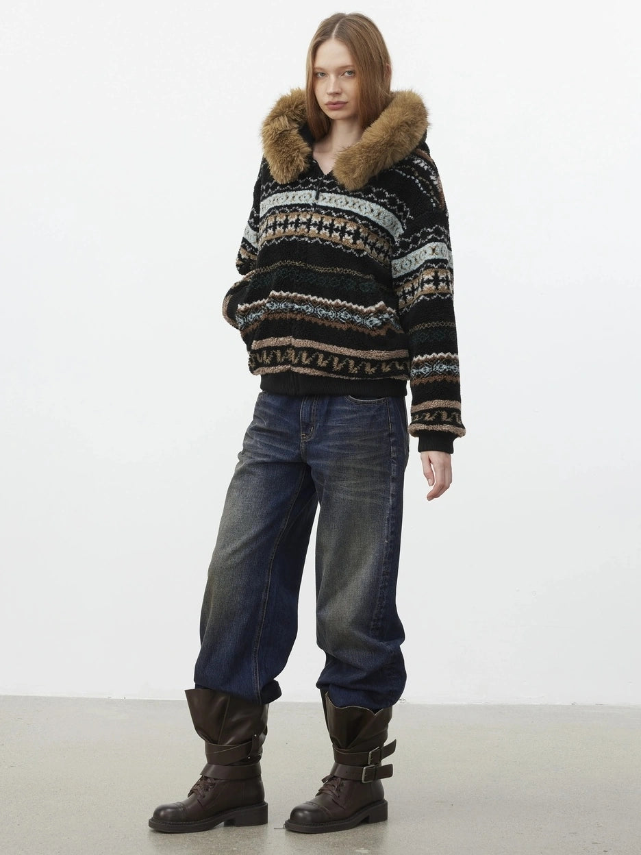 AFTADAWN Fair Isle Lamb Fleece Detachable Hood Coat V-neck T-shirt Long Sleeve Jacket