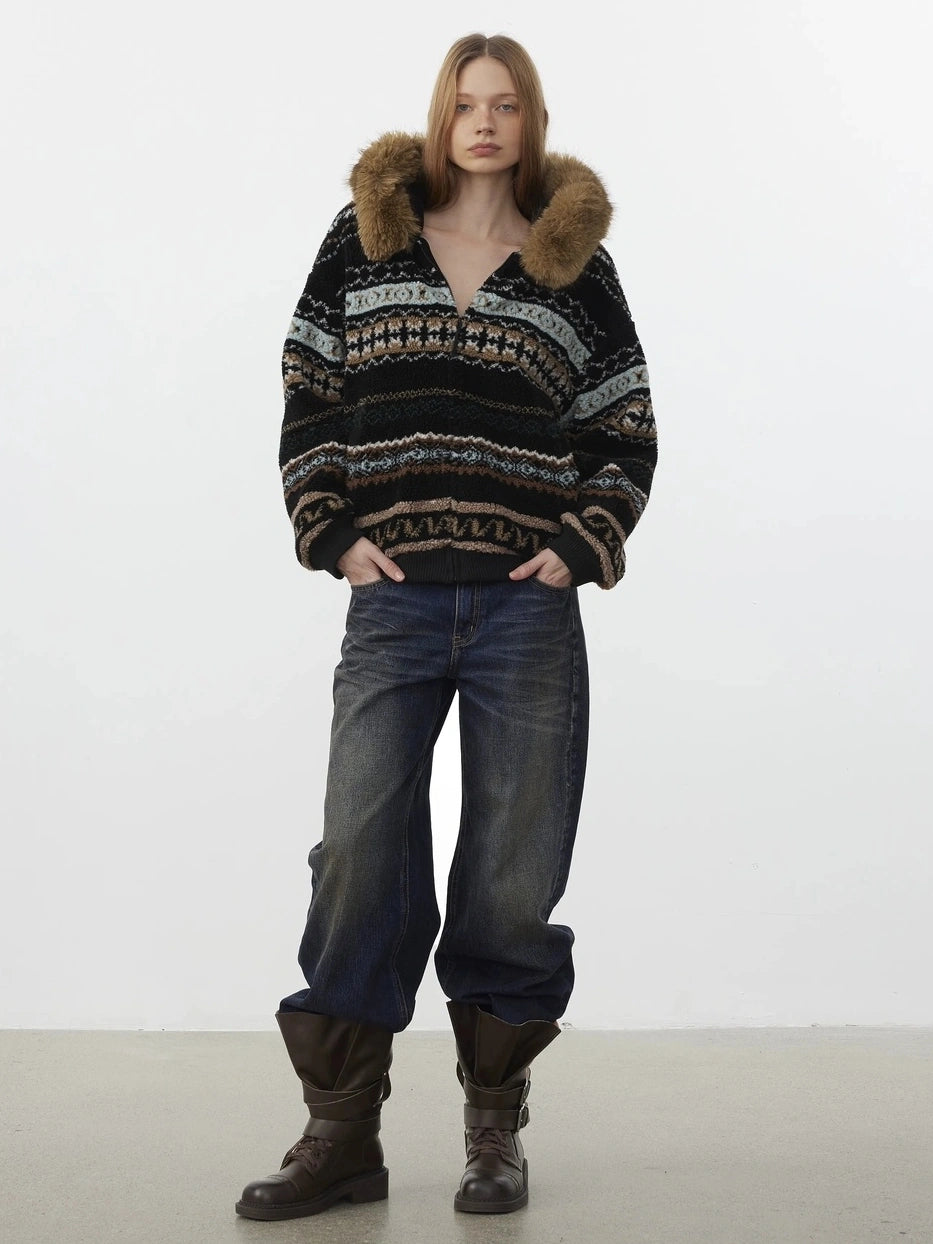 AFTADAWN Fair Isle Lamb Fleece Detachable Hood Coat V-neck T-shirt Long Sleeve Jacket