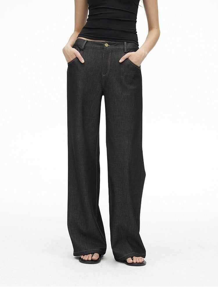 AFTADAWN Faux Denim Back Pocket Embroidery Low Waist Women&
