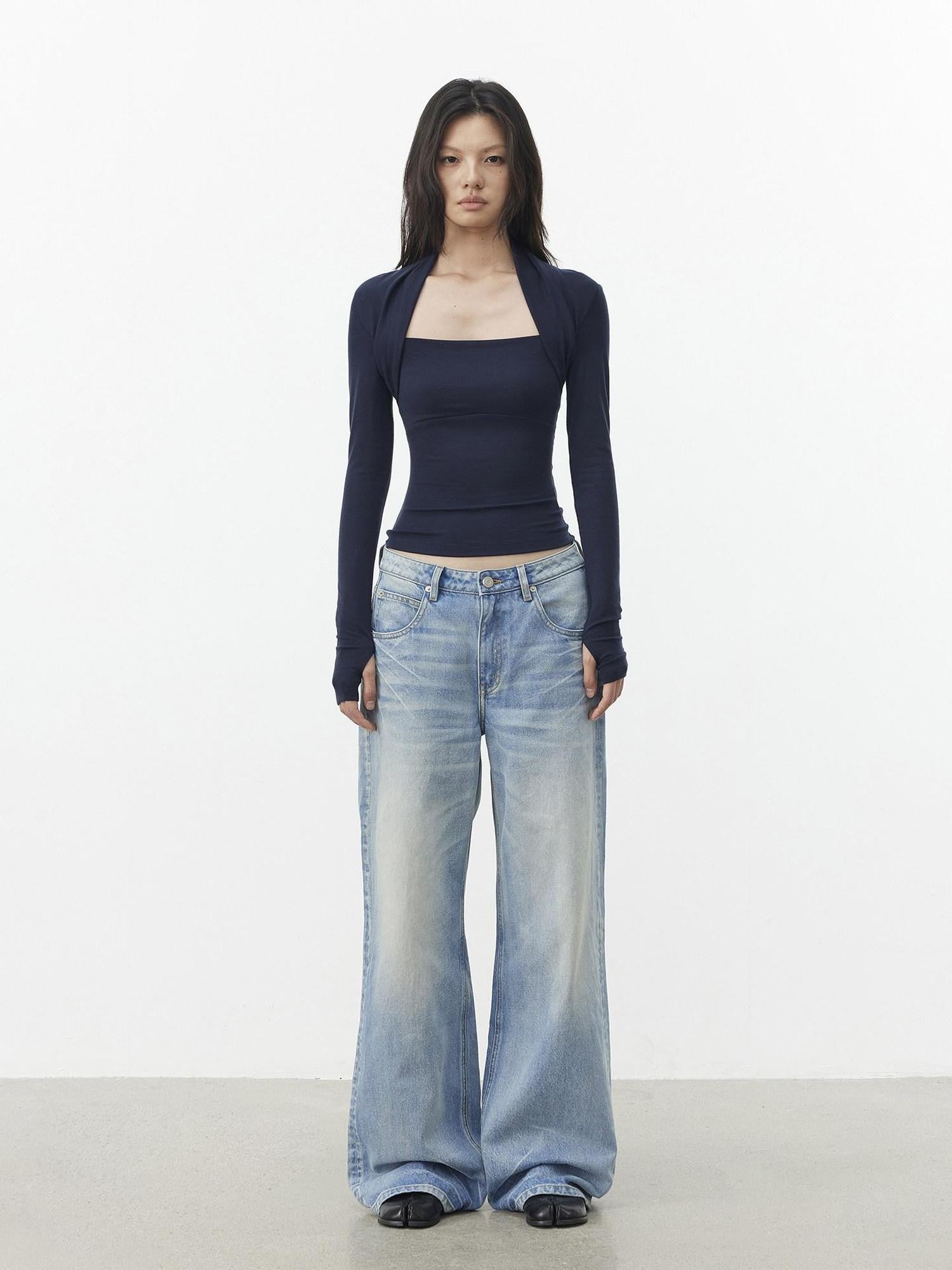 AFTADAWN Faux Layered Slim Square Neck Knit Women&