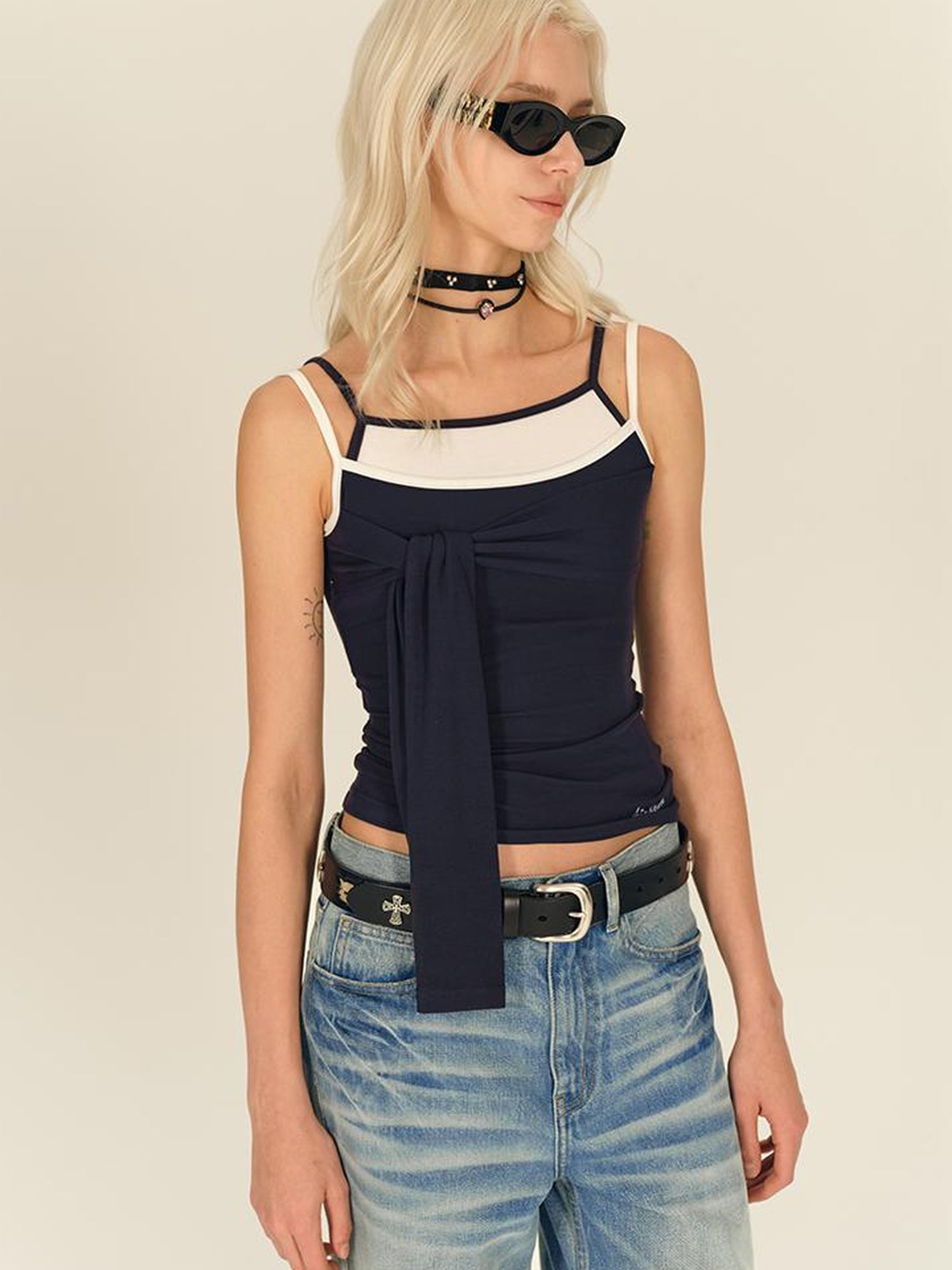 AFTADAWN Faux Two Layer Knit Camisole With Adjustable Ties And Contoured Fit