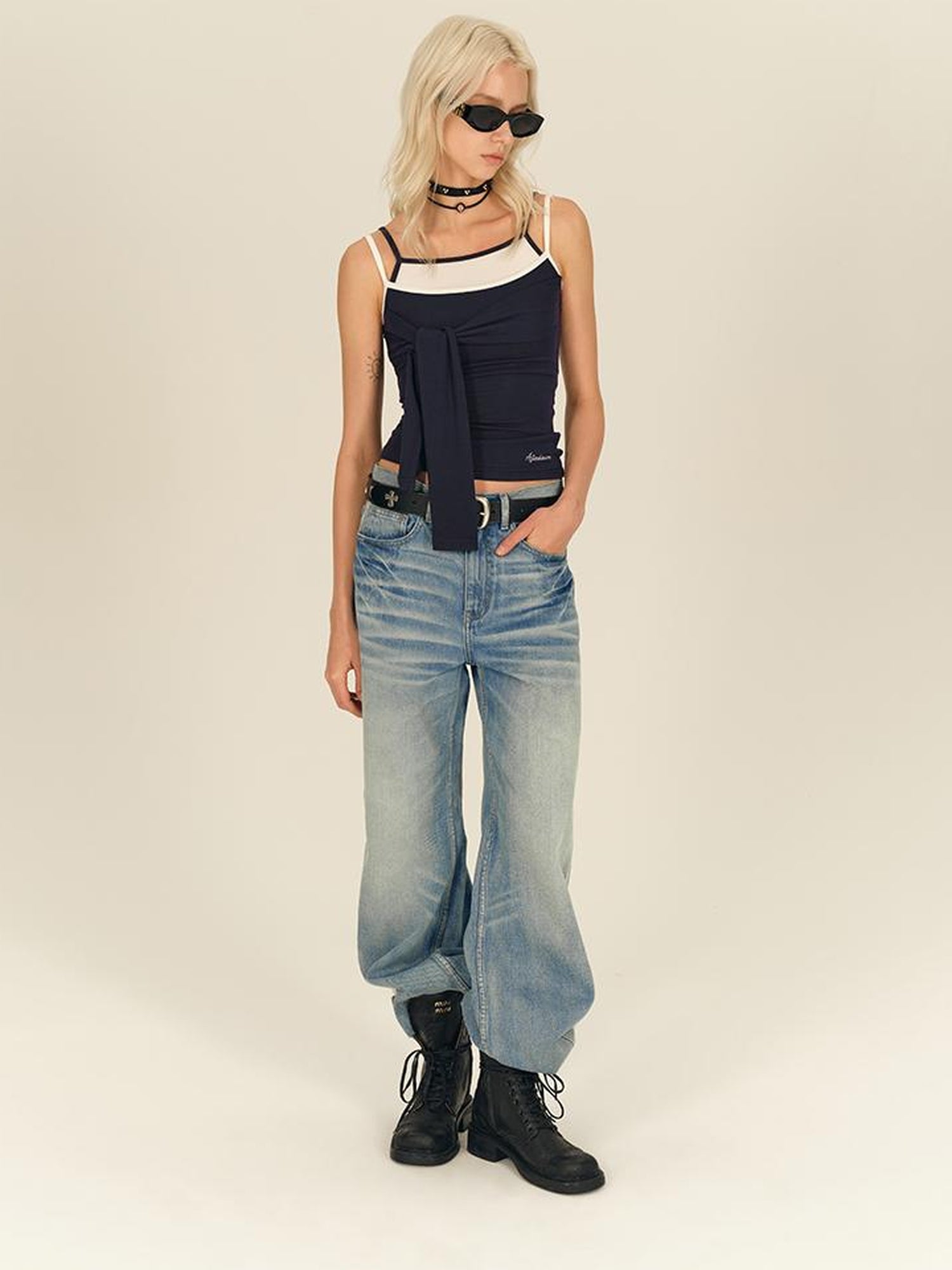 AFTADAWN Faux Two Layer Knit Camisole With Adjustable Ties And Contoured Fit