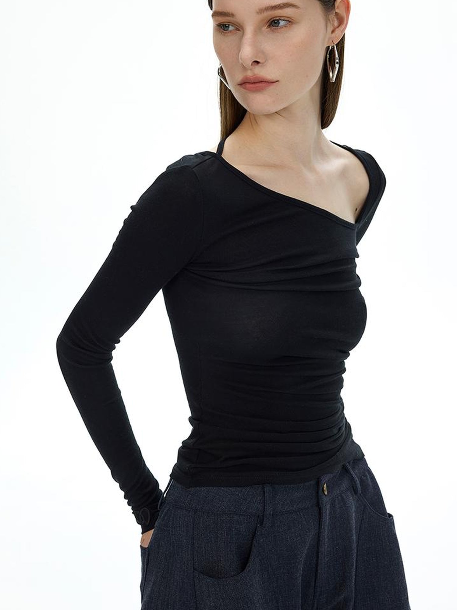 AFTADAWN Fine Merino Tencel Wool Asymmetric Neck Top