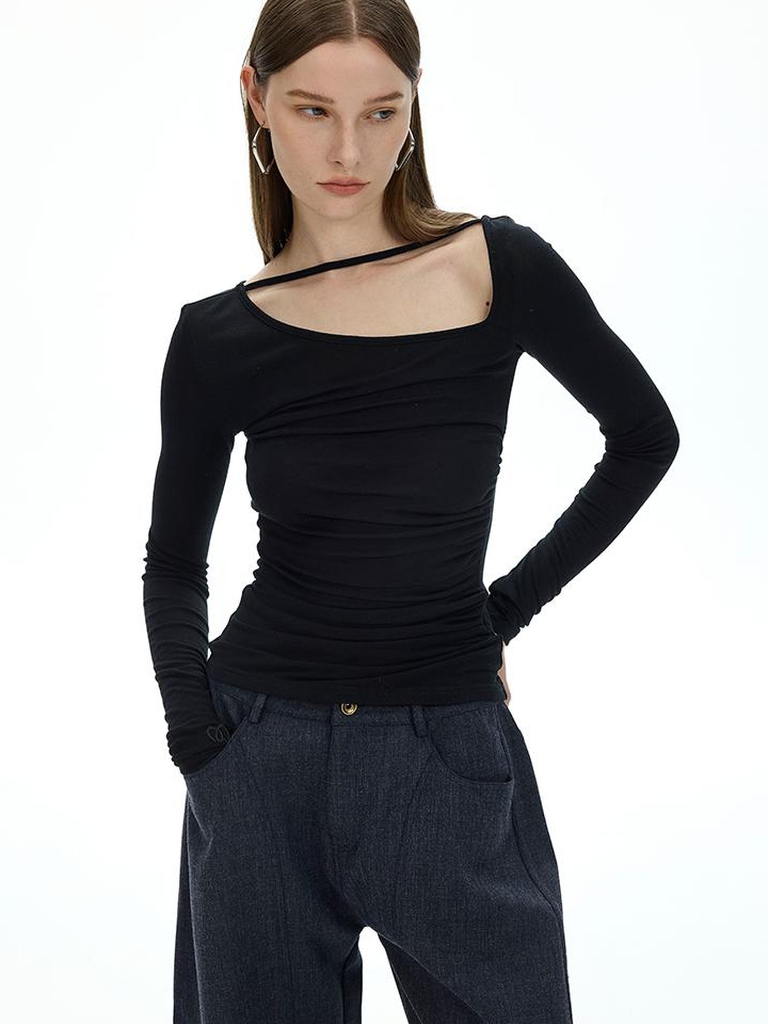 AFTADAWN Fine Merino Tencel Wool Asymmetric Neck Top