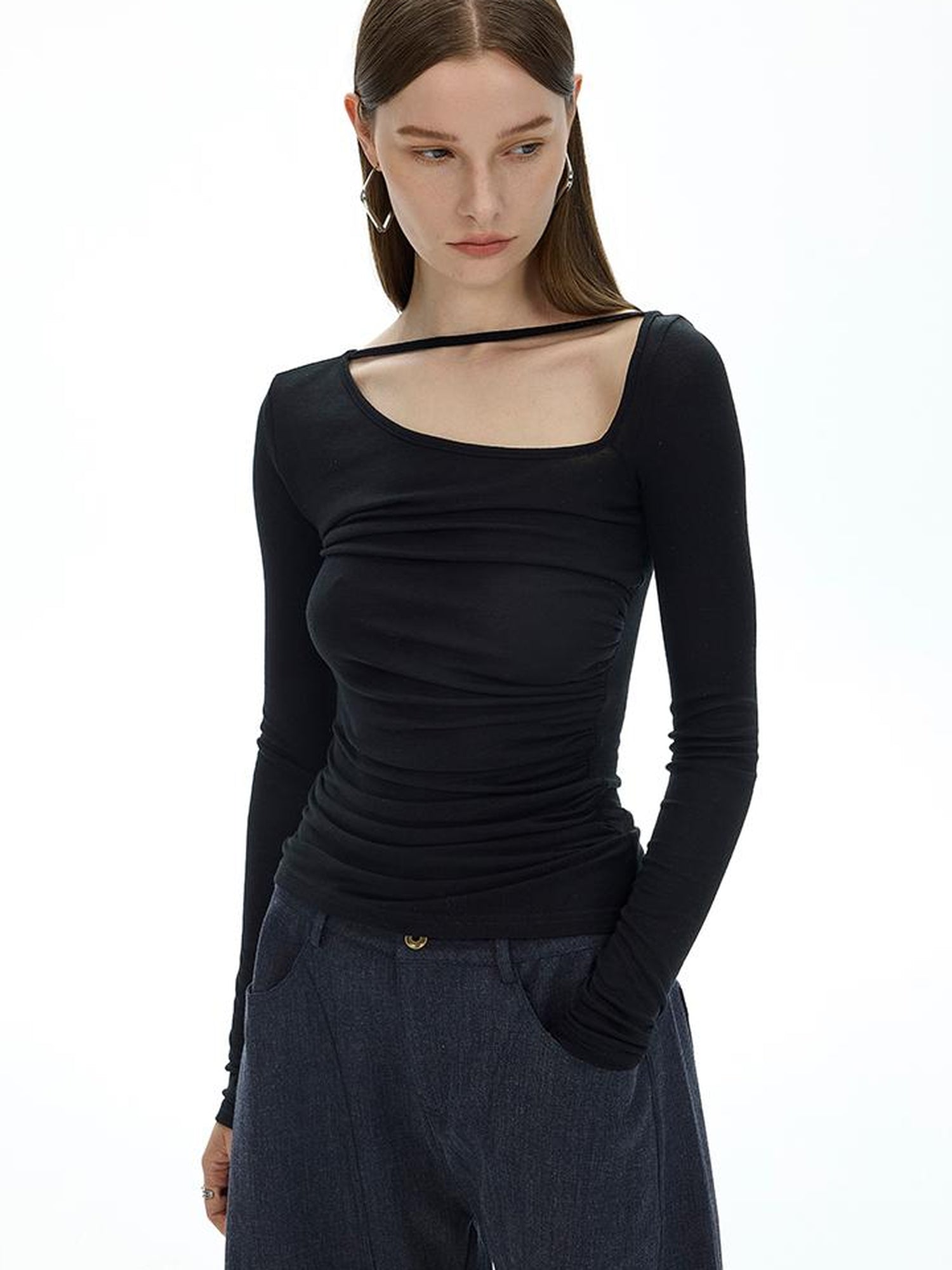 AFTADAWN Fine Merino Tencel Wool Asymmetric Neck Top