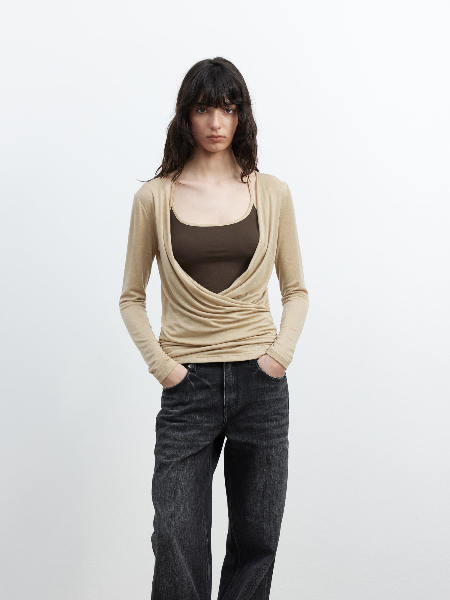 AFTADAWN Fine Merino Wool Layered Neckline Long Sleeve Blouse