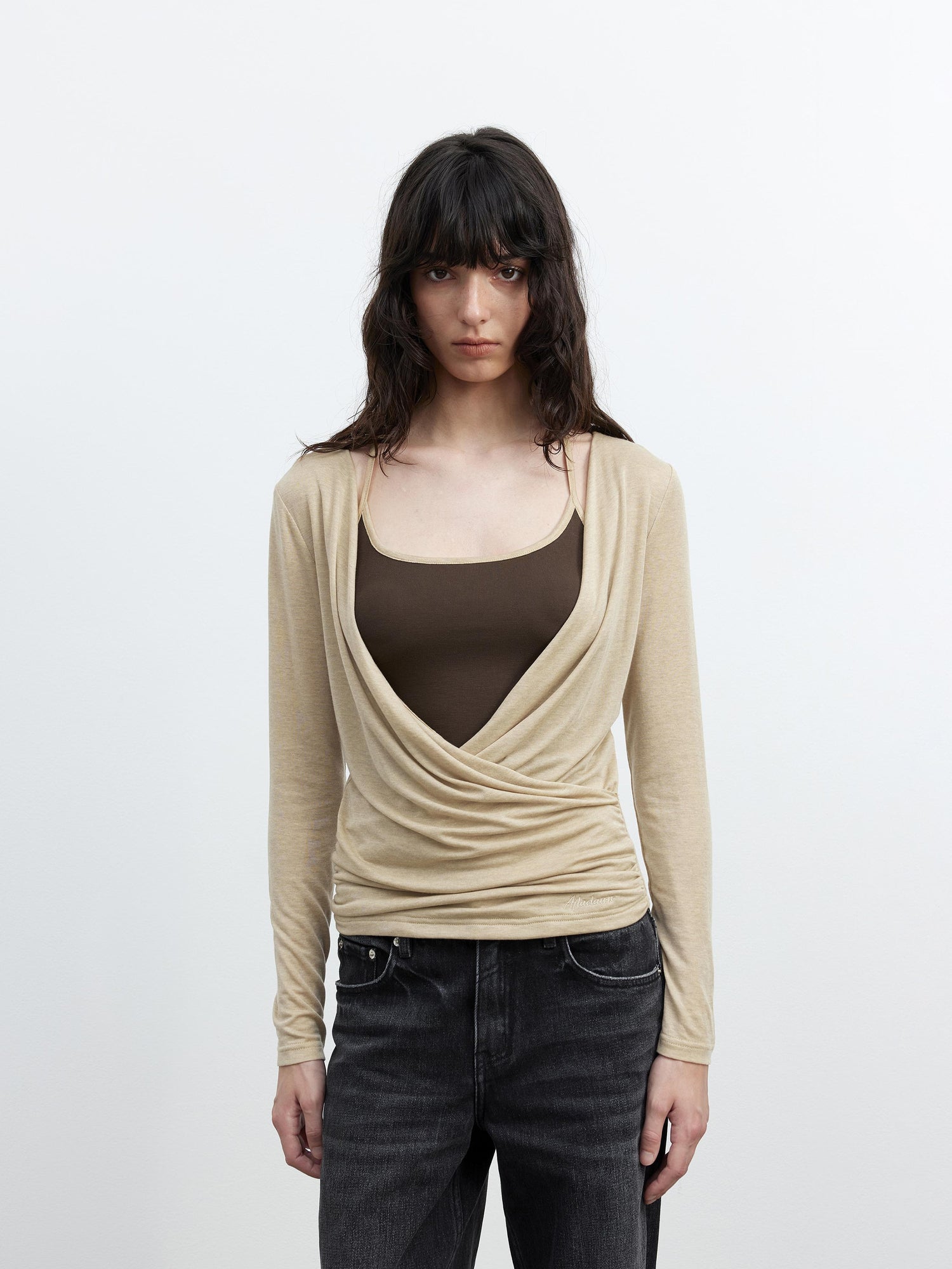 AFTADAWN Fine Merino Wool Layered Neckline Long Sleeve Blouse