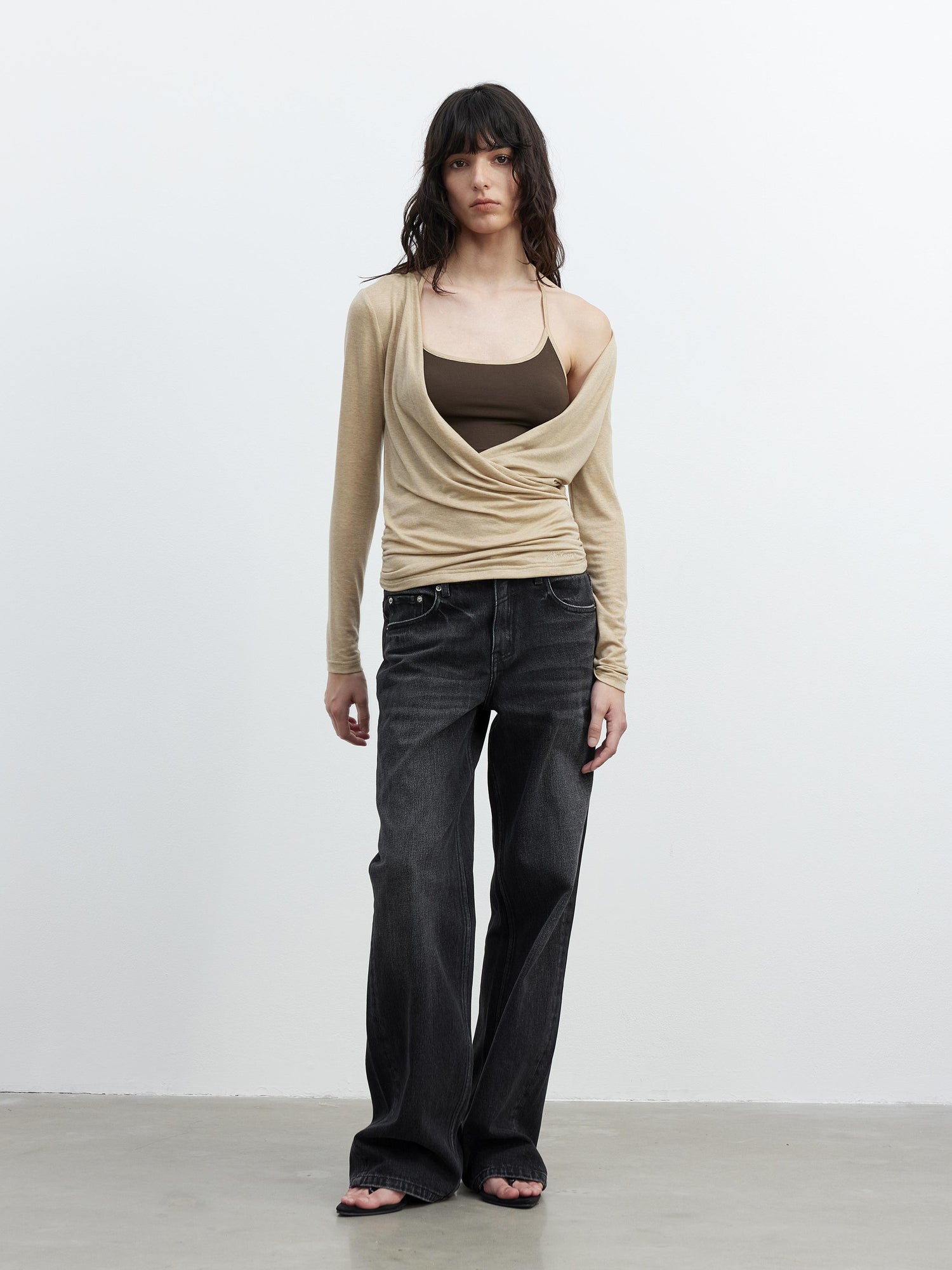 AFTADAWN Fine Merino Wool Layered Neckline Long Sleeve Blouse