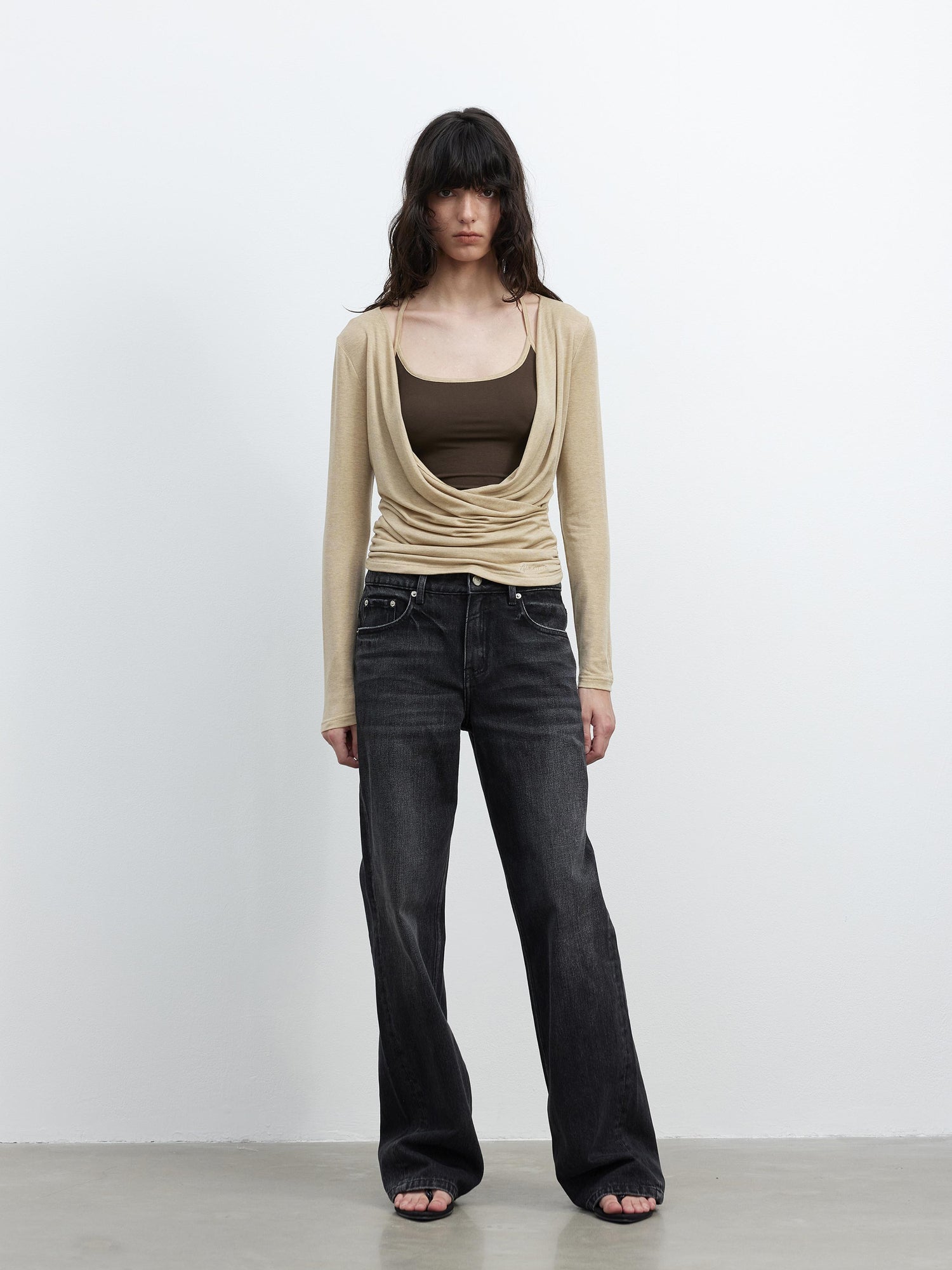 AFTADAWN Fine Merino Wool Layered Neckline Long Sleeve Blouse