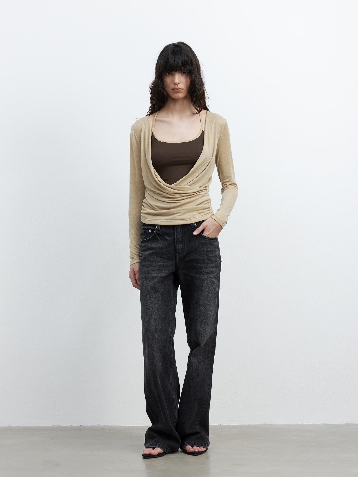 AFTADAWN Fine Merino Wool Layered Neckline Long Sleeve Blouse