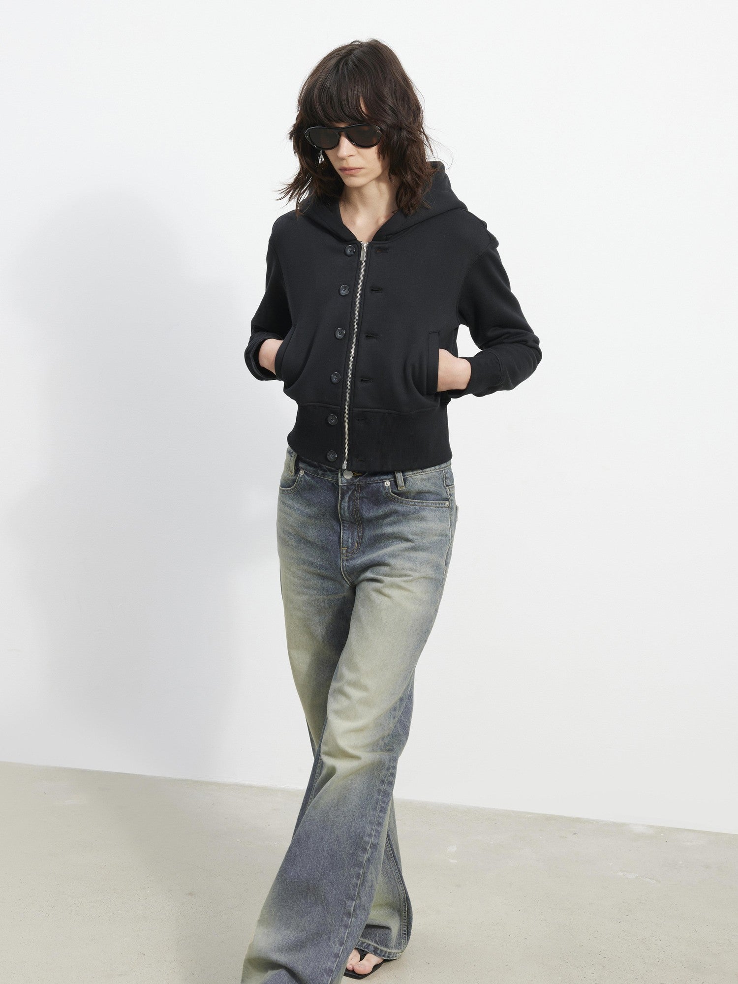 AFTADAWN Fleece Lined Double Face Hooded Placket Short Women&