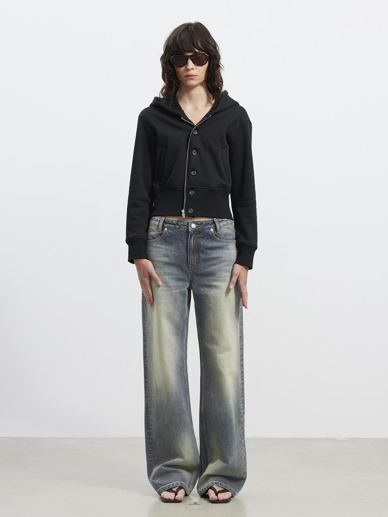 AFTADAWN Fleece Lined Double Face Hooded Placket Short Women&