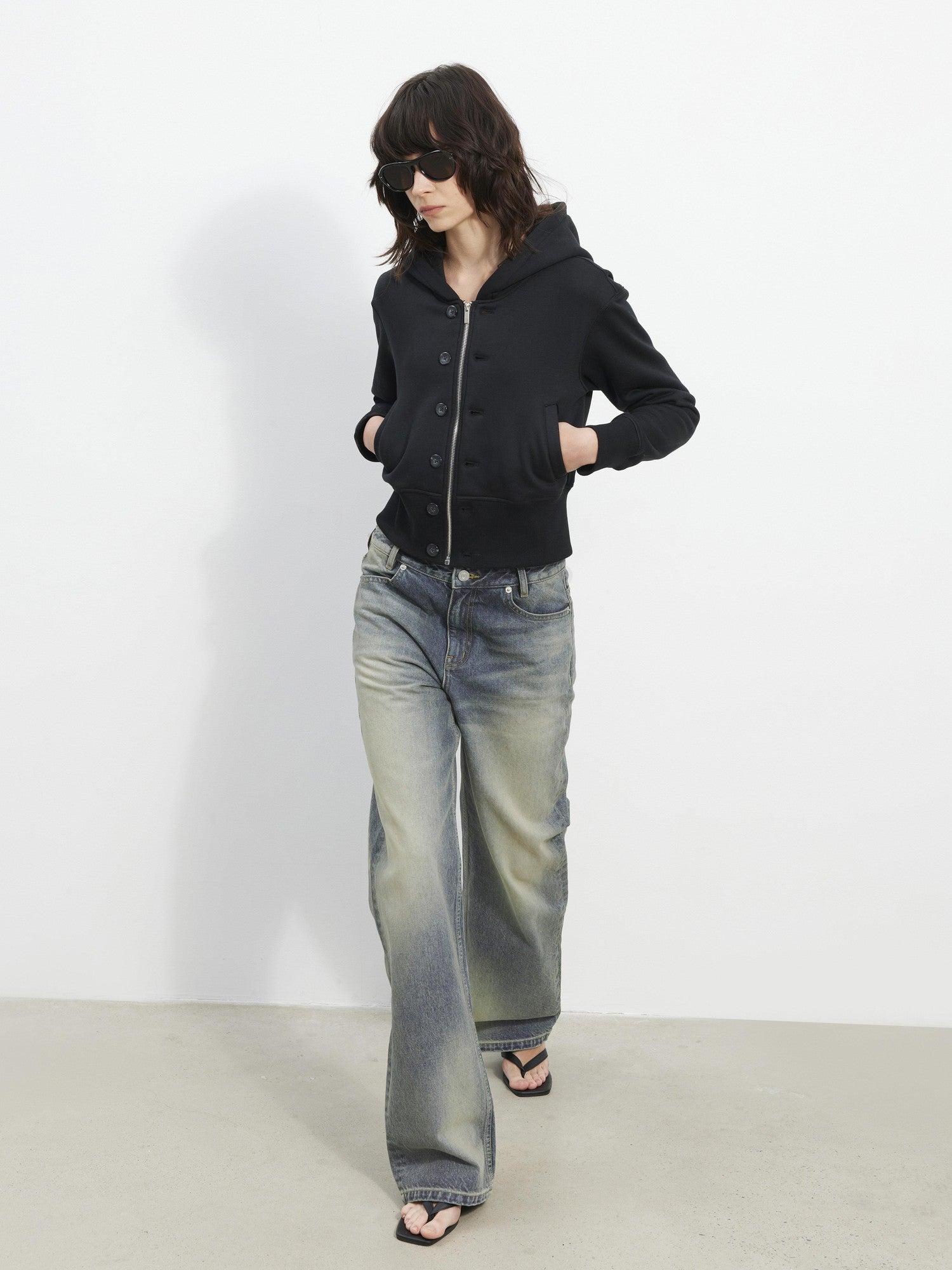 AFTADAWN Fleece Lined Double Face Hooded Placket Short Women&