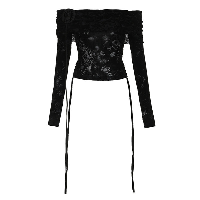 AFTADAWN_Flocked_Floral_Sheer_One_Shoulder_Drawstring_Women&