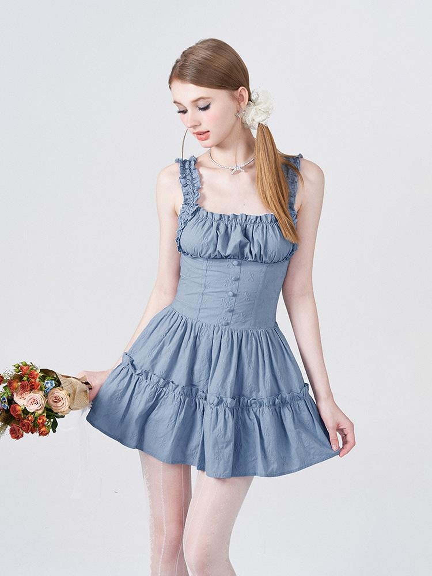 AFTADAWN Floral Embroidered Bow Waist Defining Sundress