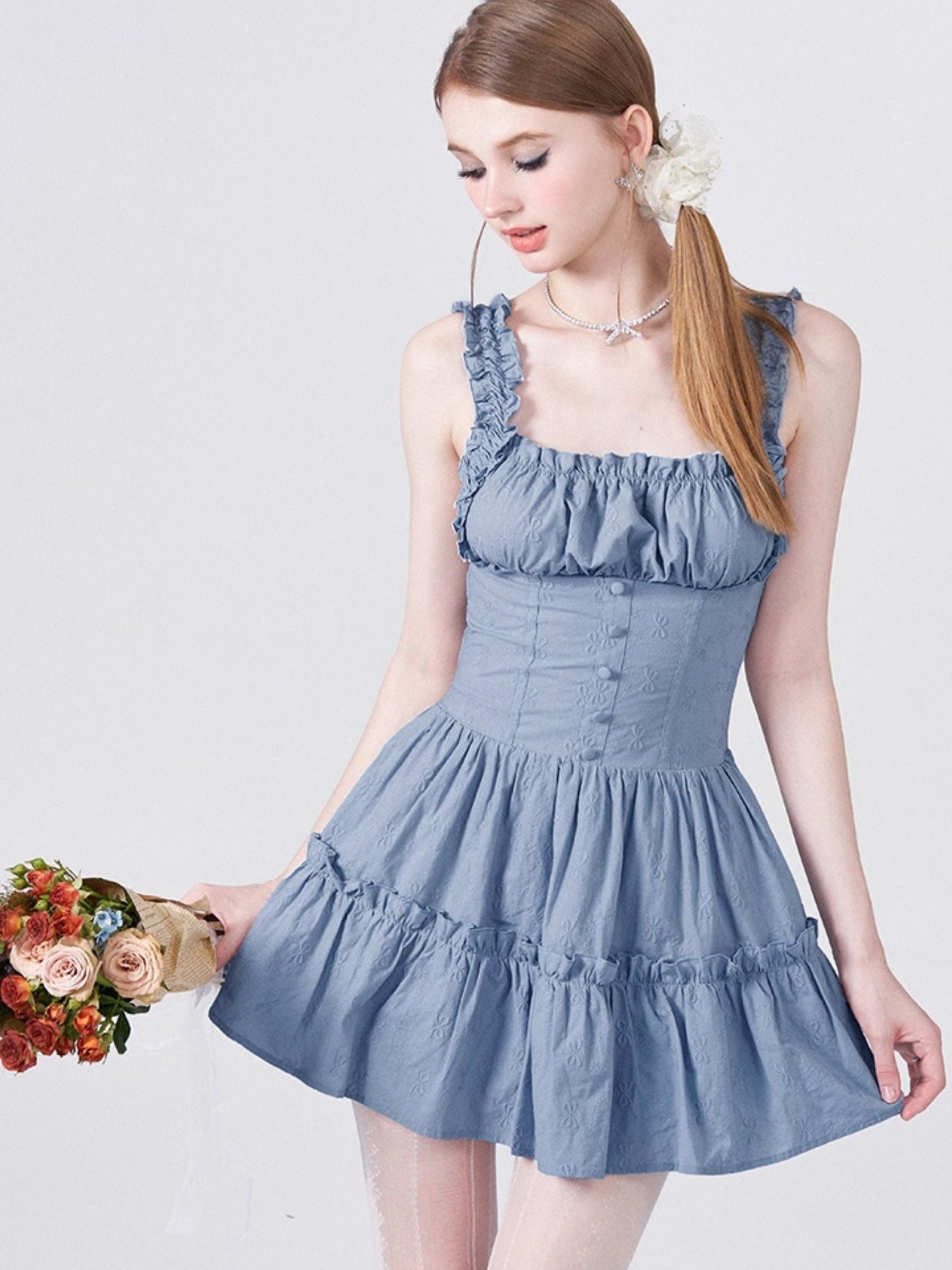 AFTADAWN Floral Embroidered Bow Waist Defining Sundress