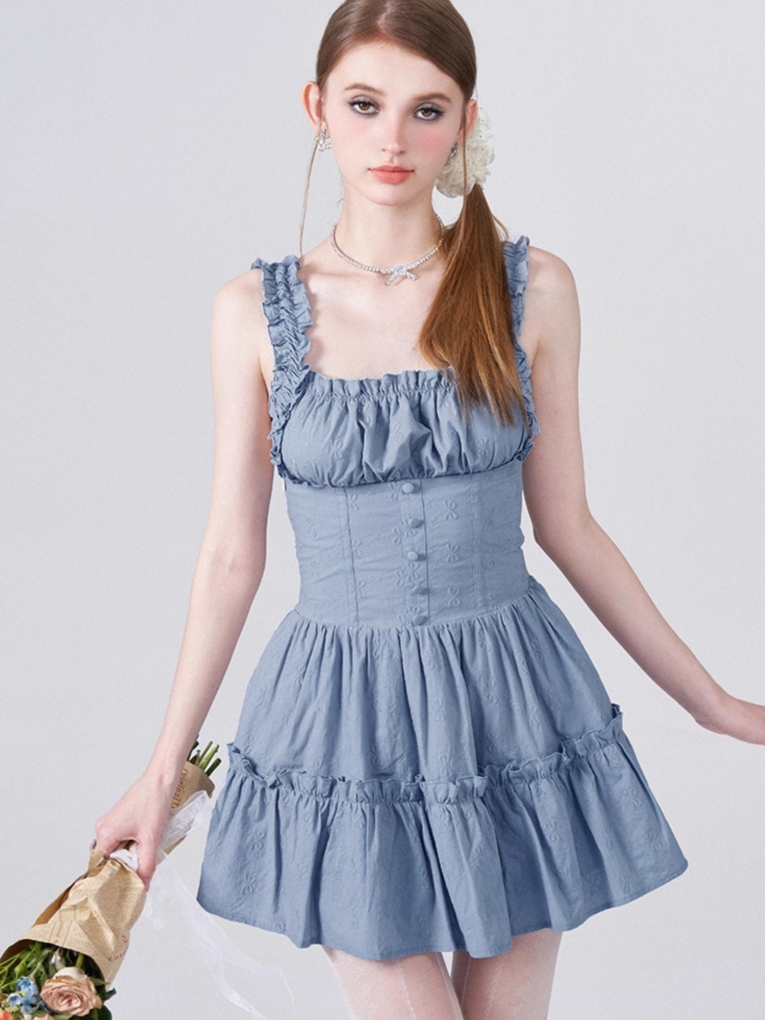 AFTADAWN Floral Embroidered Bow Waist Defining Sundress