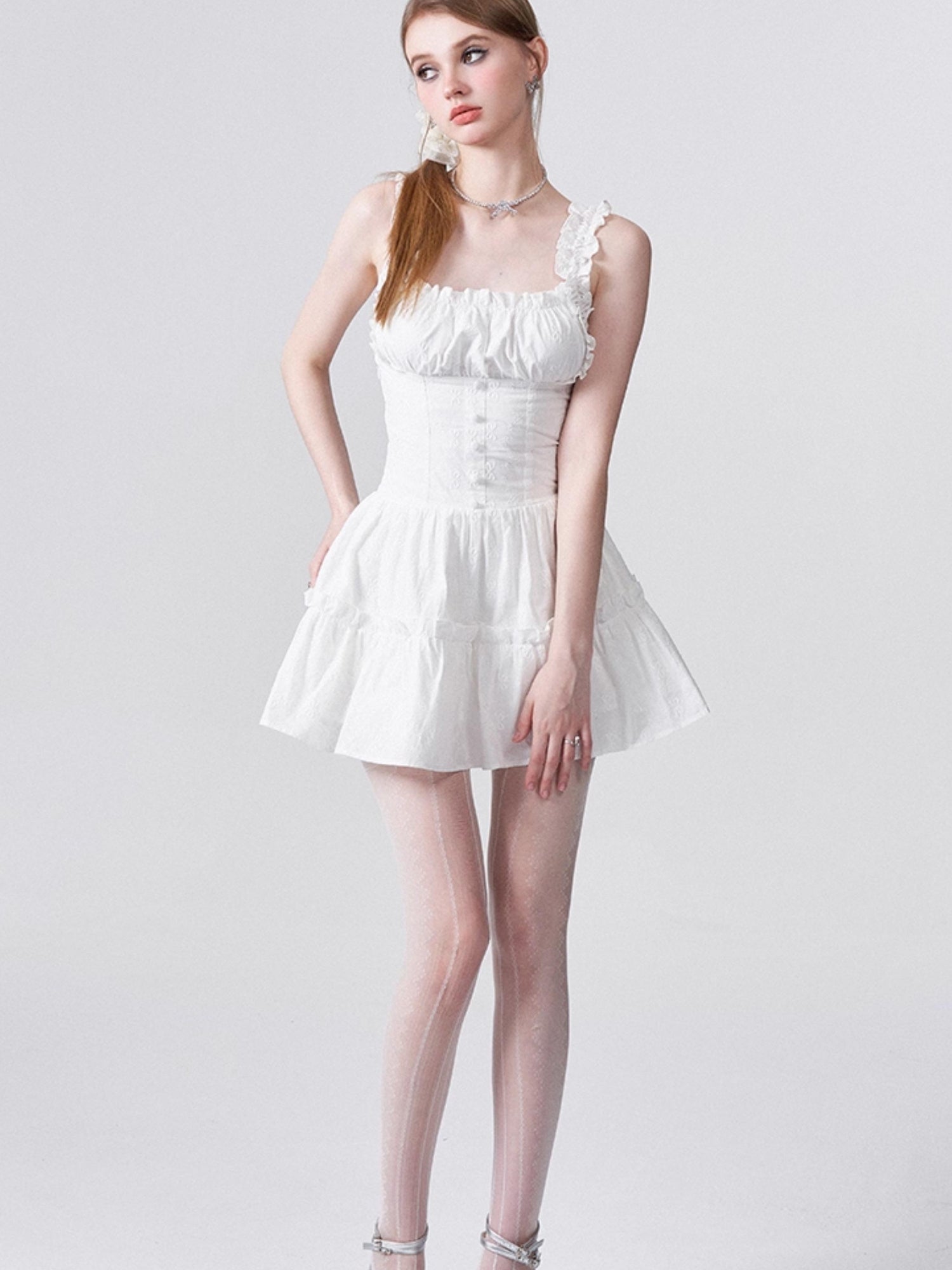 AFTADAWN Floral Embroidered Bow Waist Defining Sundress