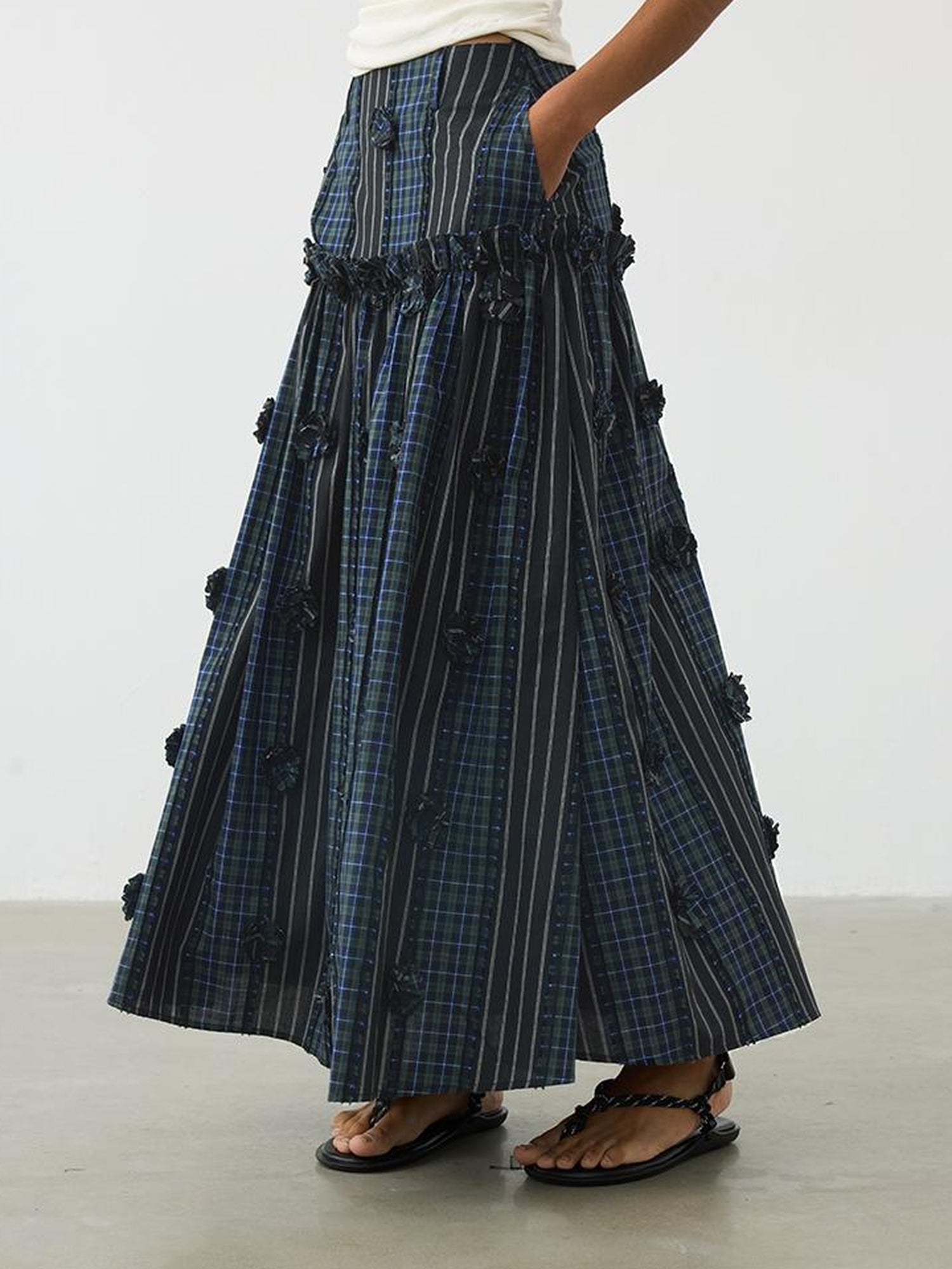 AFTADAWN Floral Grid Cotton Maxi Skirt With Color Block