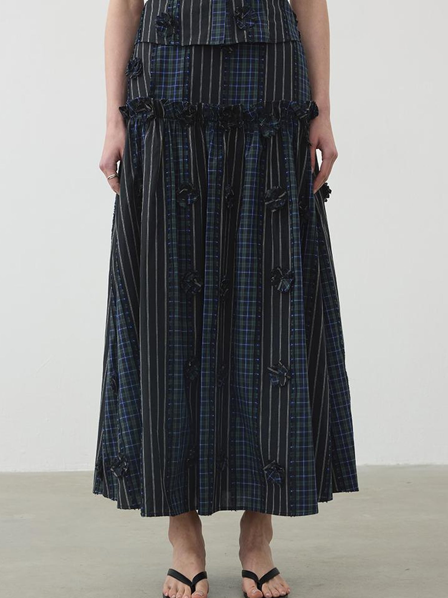 AFTADAWN Floral Grid Cotton Maxi Skirt With Color Block