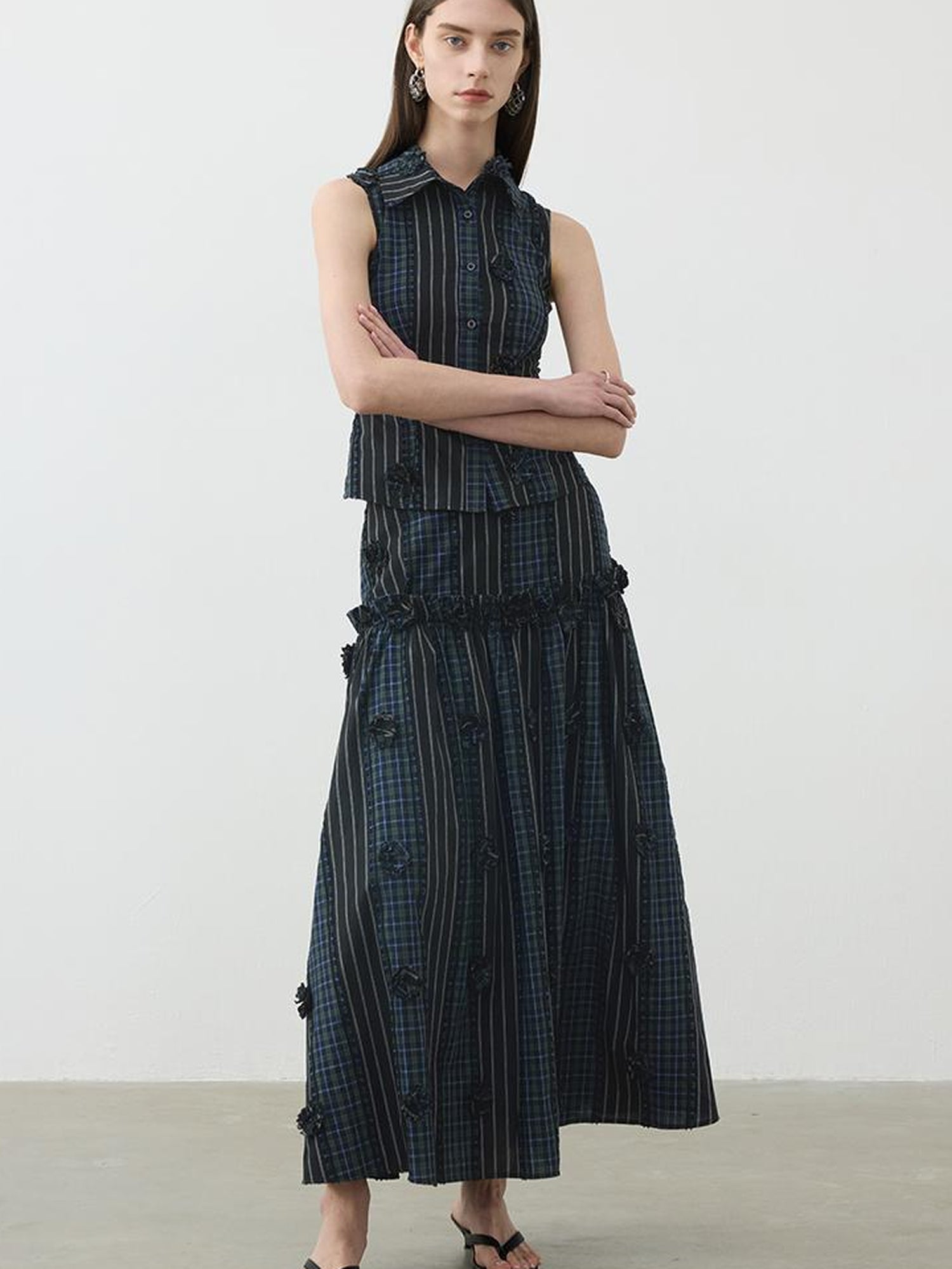 AFTADAWN Floral Grid Cotton Maxi Skirt With Color Block