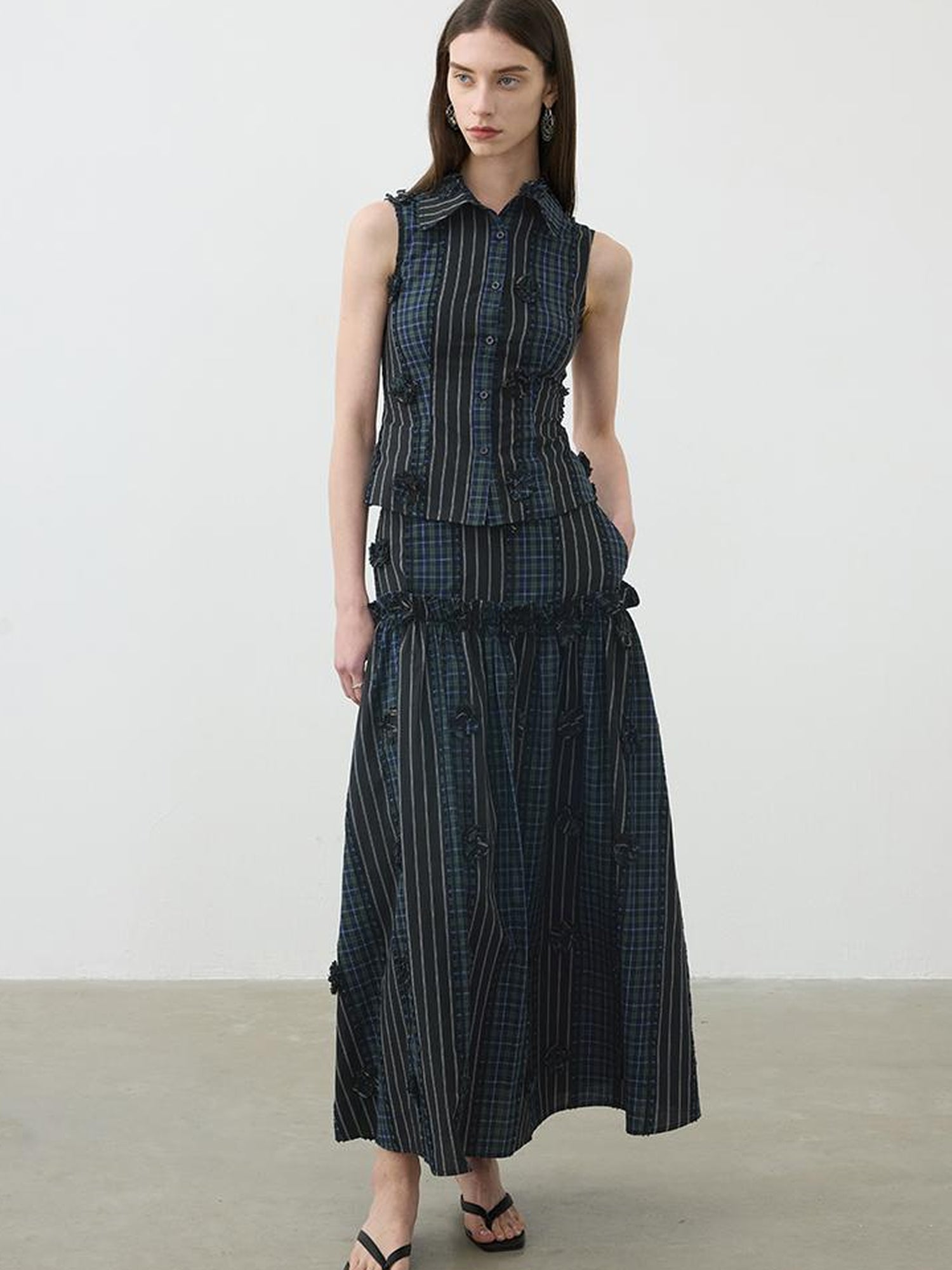 AFTADAWN Floral Grid Cotton Maxi Skirt With Color Block