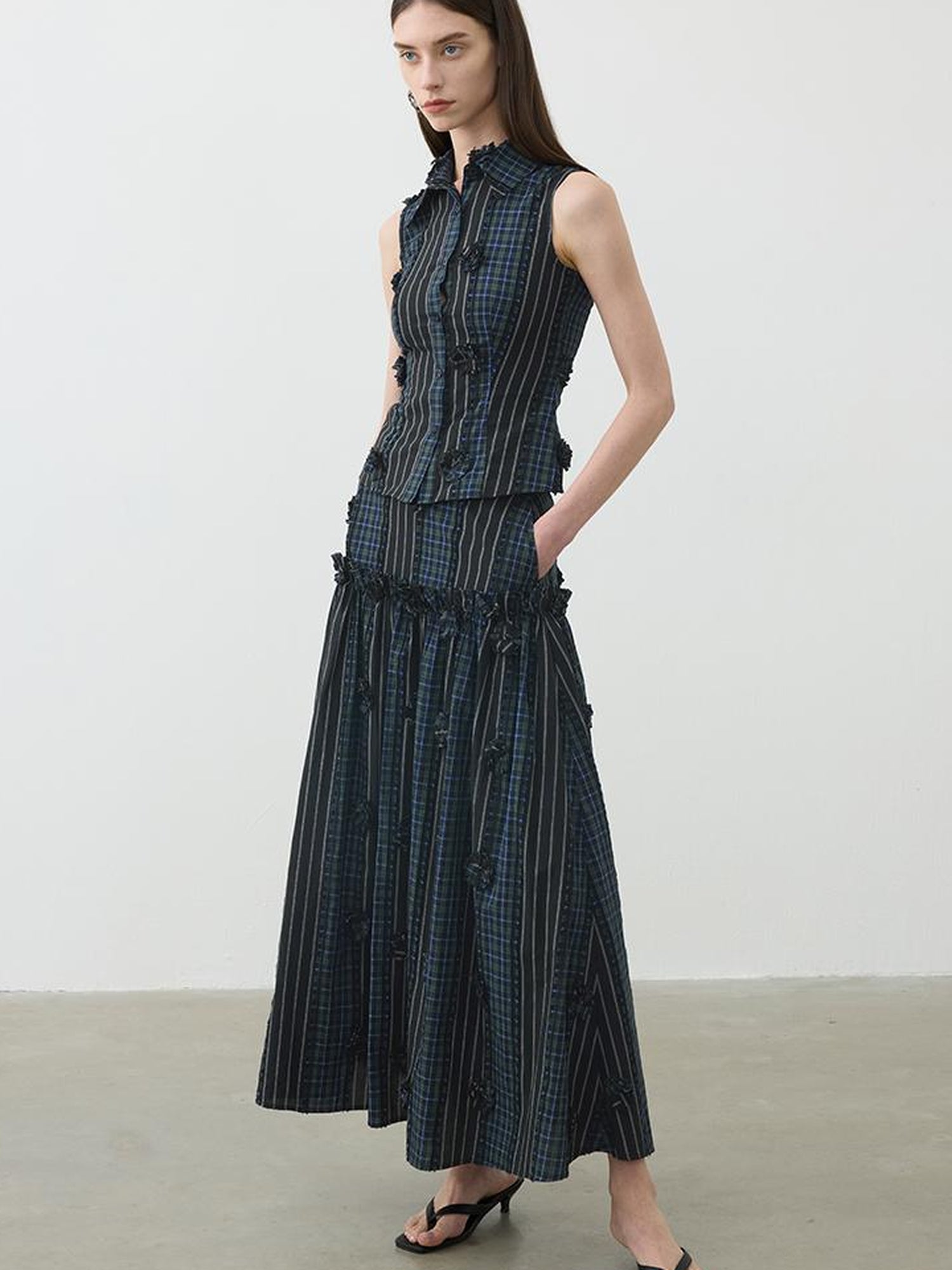 AFTADAWN Floral Grid Cotton Maxi Skirt With Color Block
